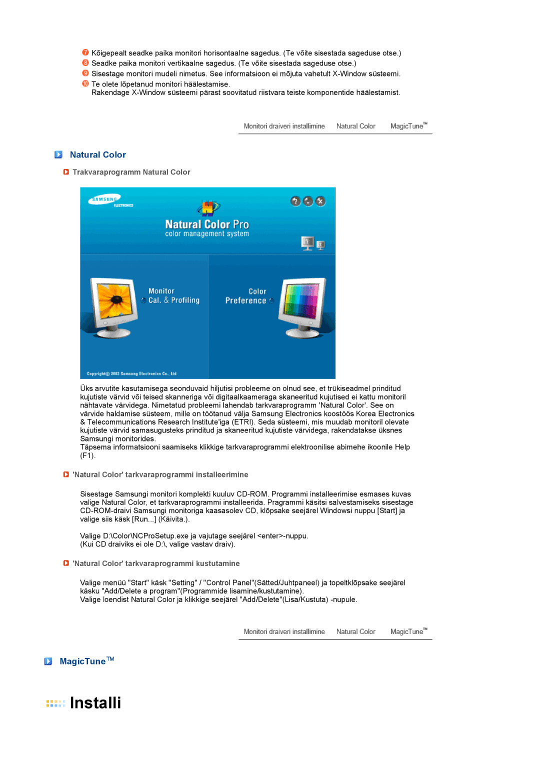 Samsung LS19PEJSFV/EDC MagicTune, Trakvaraprogramm Natural Color, Natural Color tarkvaraprogrammi installeerimine 