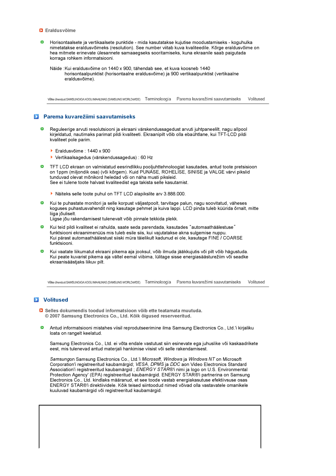 Samsung LS19PEJSFV/EDC manual Parema kuvarežiimi saavutamiseks, Volitused, Eraldusvõime 