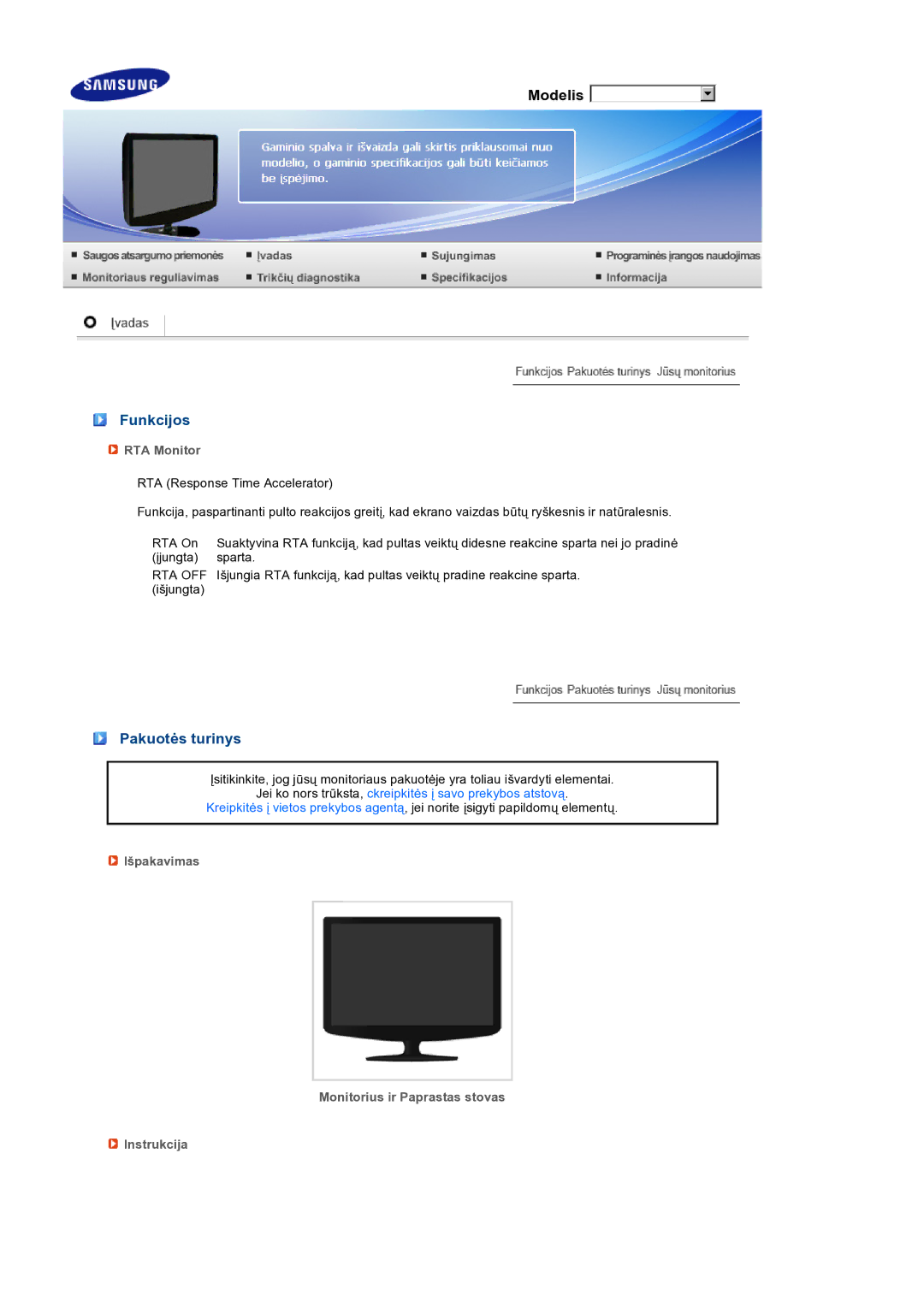 Samsung LS19PEJSFV/EDC Funkcijos, Pakuotės turinys, RTA Monitor, Išpakavimas Monitorius ir Paprastas stovas Instrukcija 