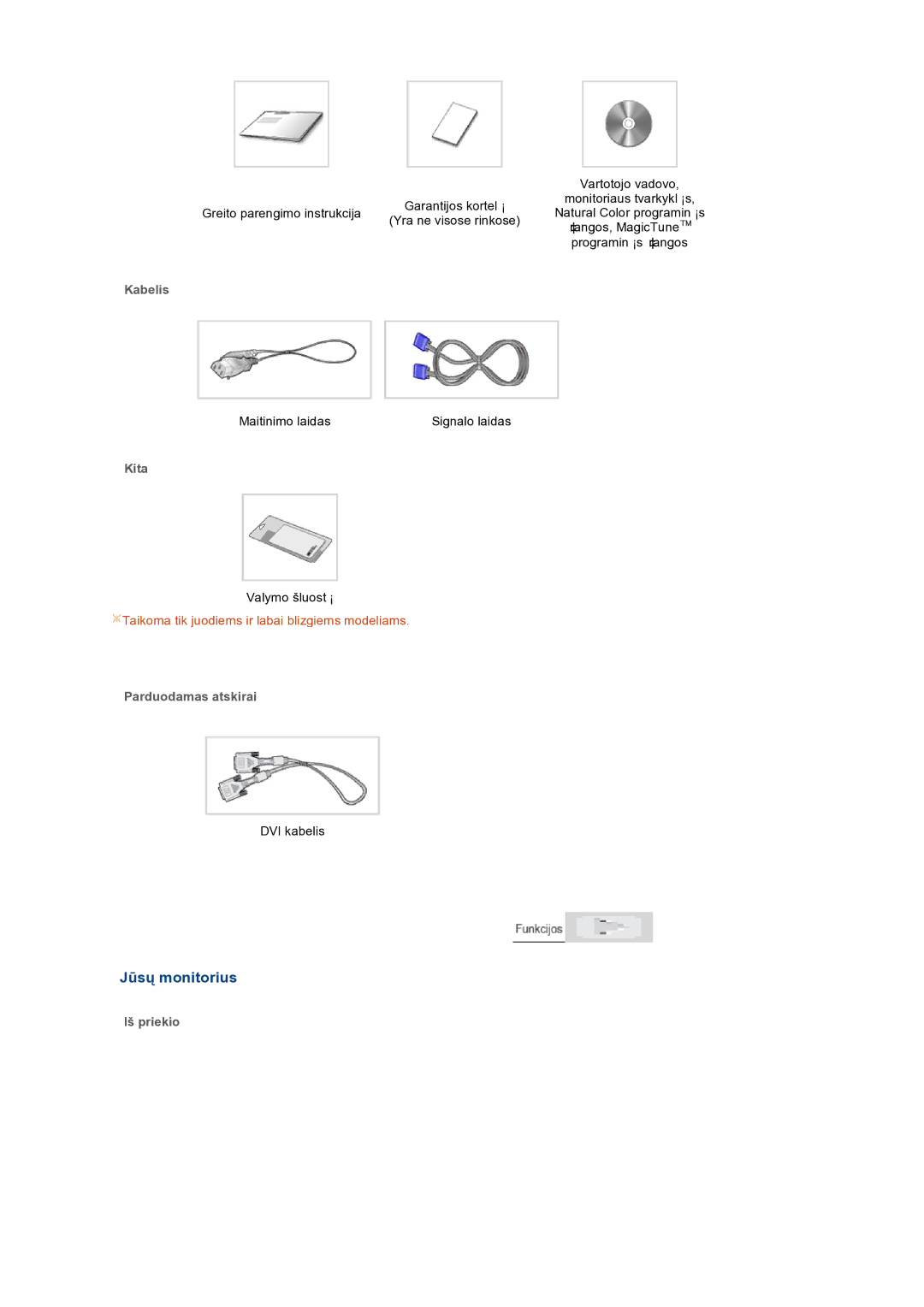 Samsung LS19PEJSFV/EDC manual Jūsų monitorius, Kabelis, Kita, Parduodamas atskirai, Iš priekio 