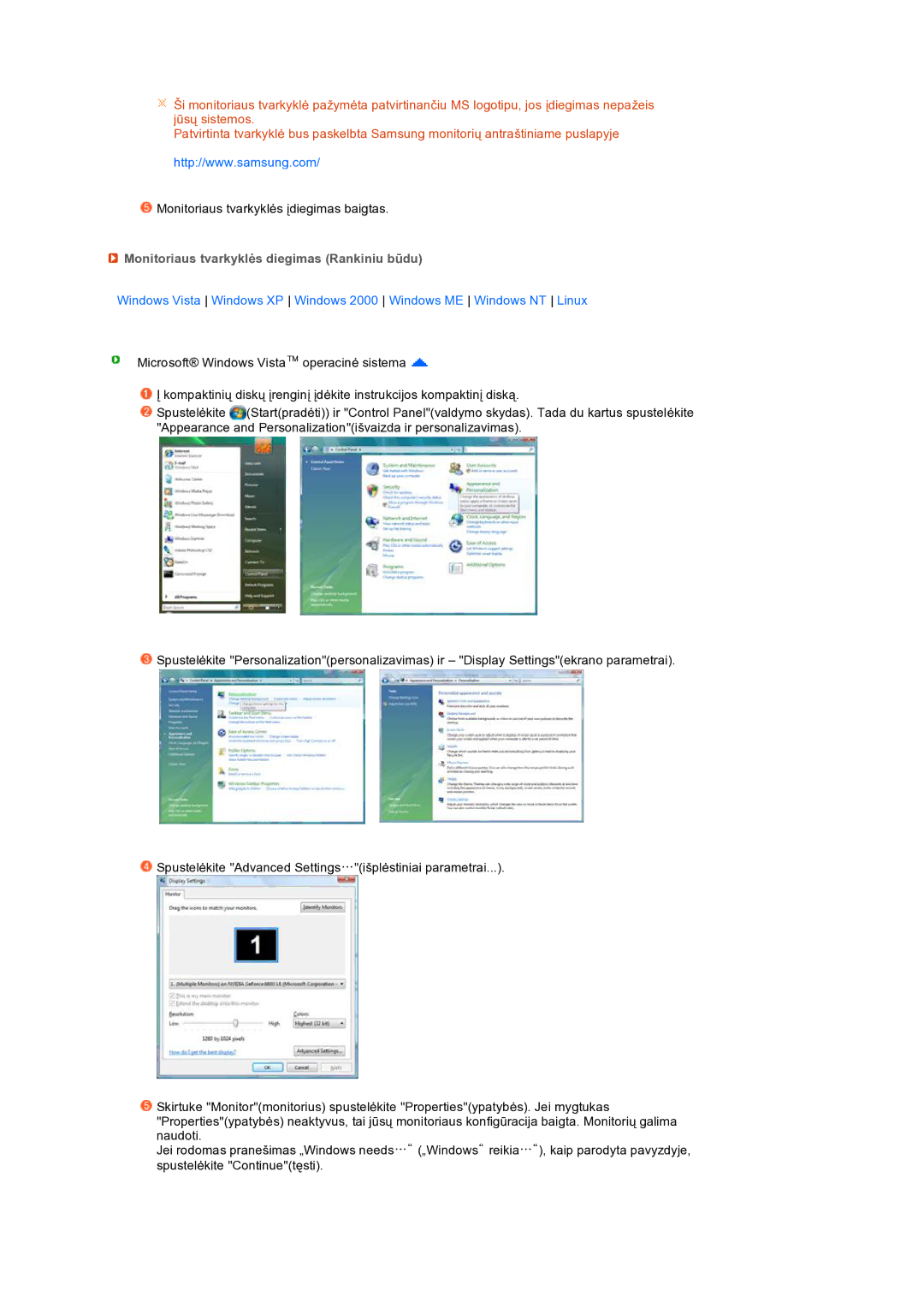 Samsung LS19PEJSFV/EDC manual Monitoriaus tvarkyklės diegimas Rankiniu būdu 