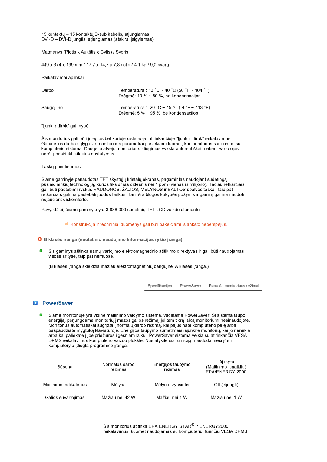 Samsung LS19PEJSFV/EDC manual PowerSaver, Klasės įranga nuolatinio naudojimo Informacijos ryšio įranga 