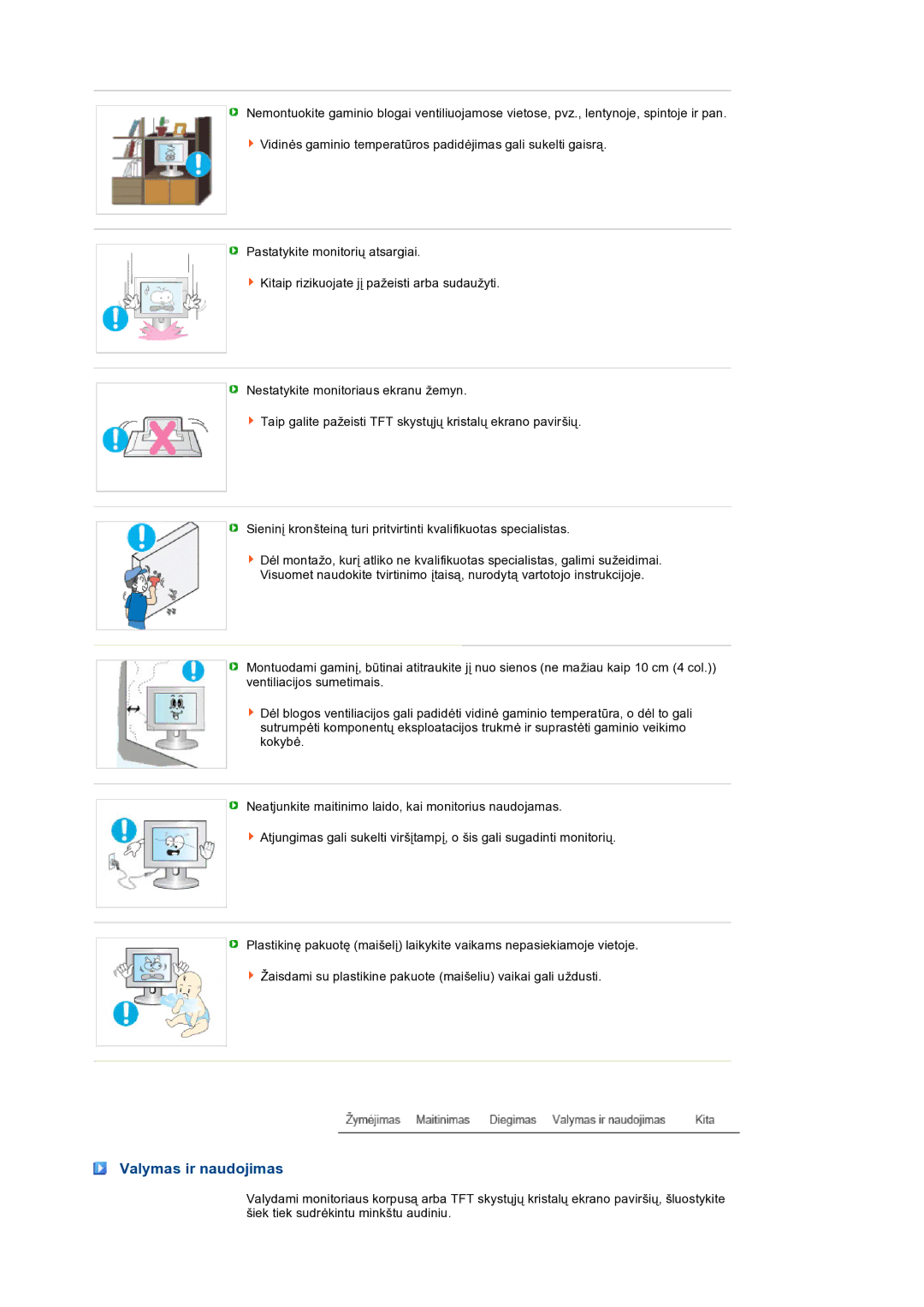 Samsung LS19PEJSFV/EDC manual Valymas ir naudojimas 