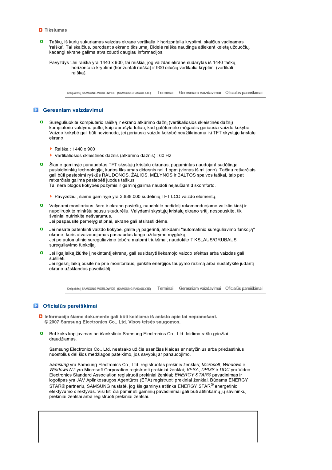 Samsung LS19PEJSFV/EDC manual Geresniam vaizdavimui, Oficialūs pareiškimai, Tikslumas 