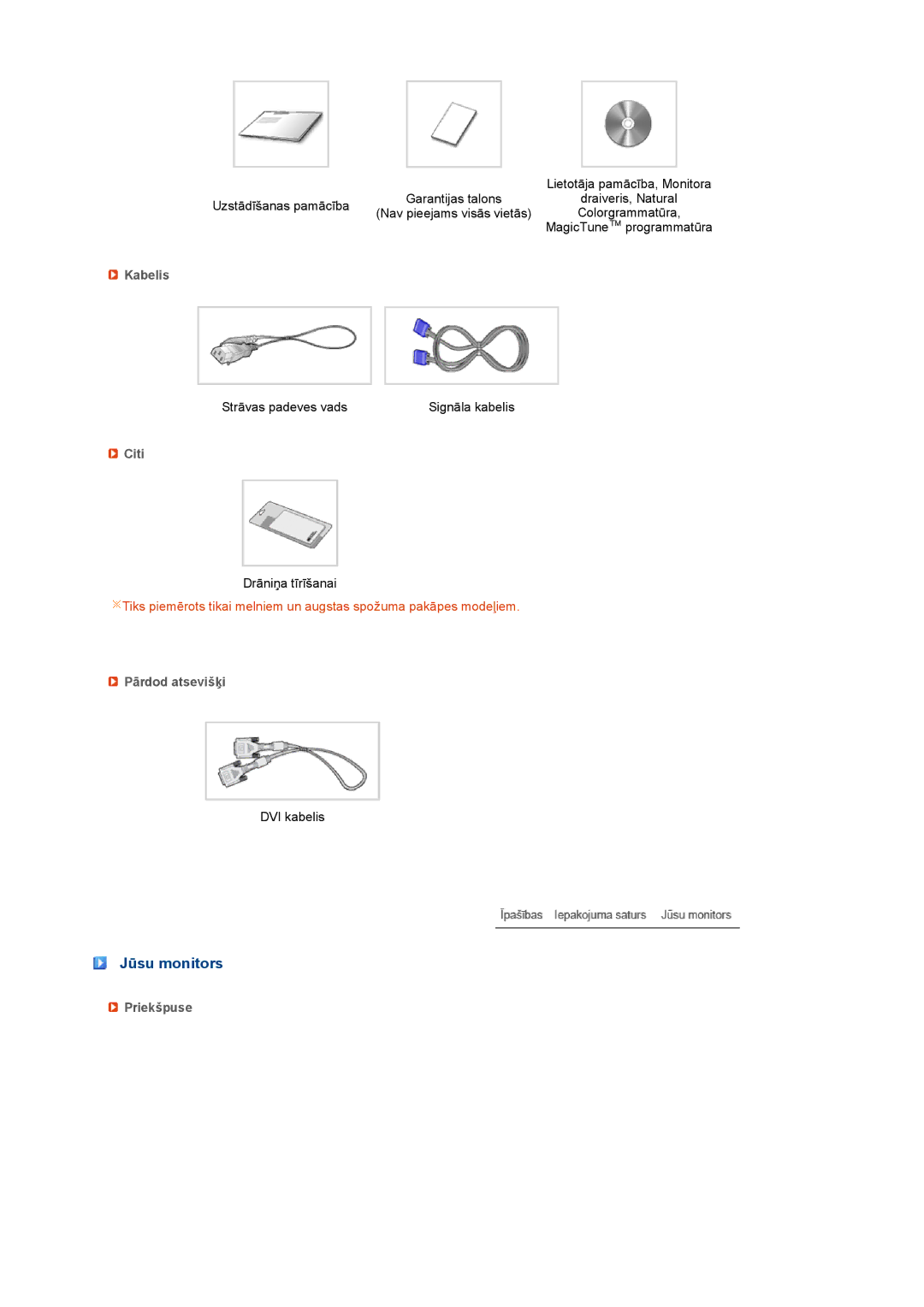 Samsung LS19PEJSFV/EDC manual Jūsu monitors, Kabelis, Citi, Pārdod atsevišķi, Priekšpuse 