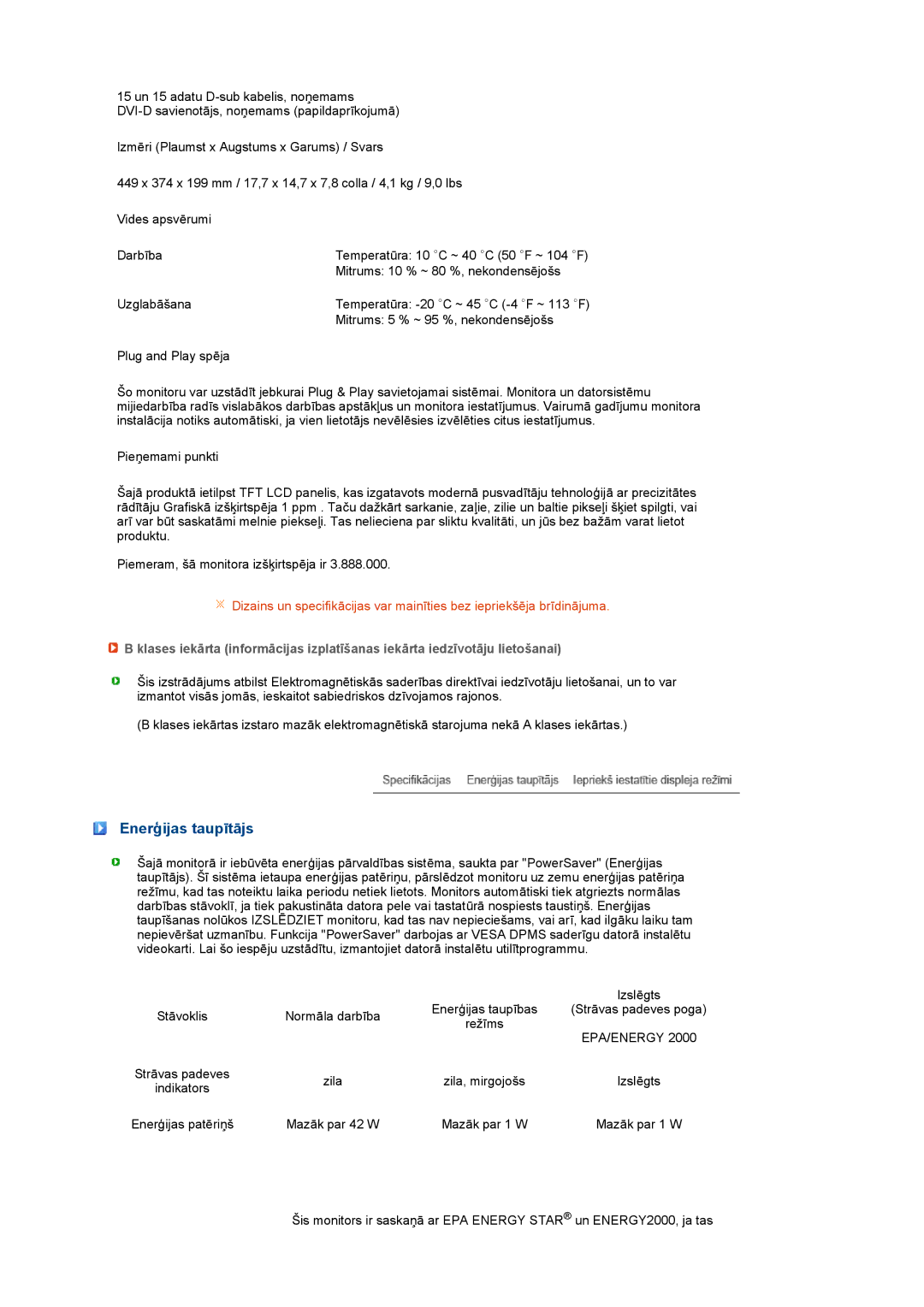 Samsung LS19PEJSFV/EDC manual Enerģijas taupītājs, Epa/Energy 