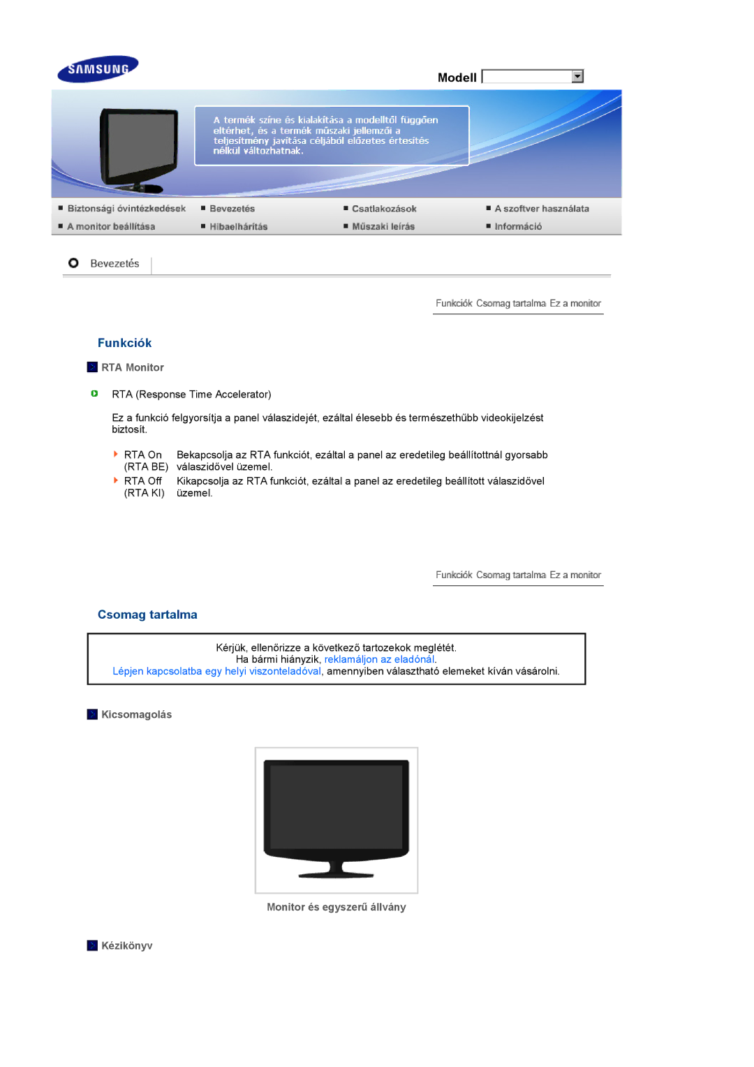 Samsung LS19PEJSFV/EDC manual Funkciók, Csomag tartalma, RTA Monitor, Kicsomagolás Monitor és egyszerű állvány Kézikönyv 