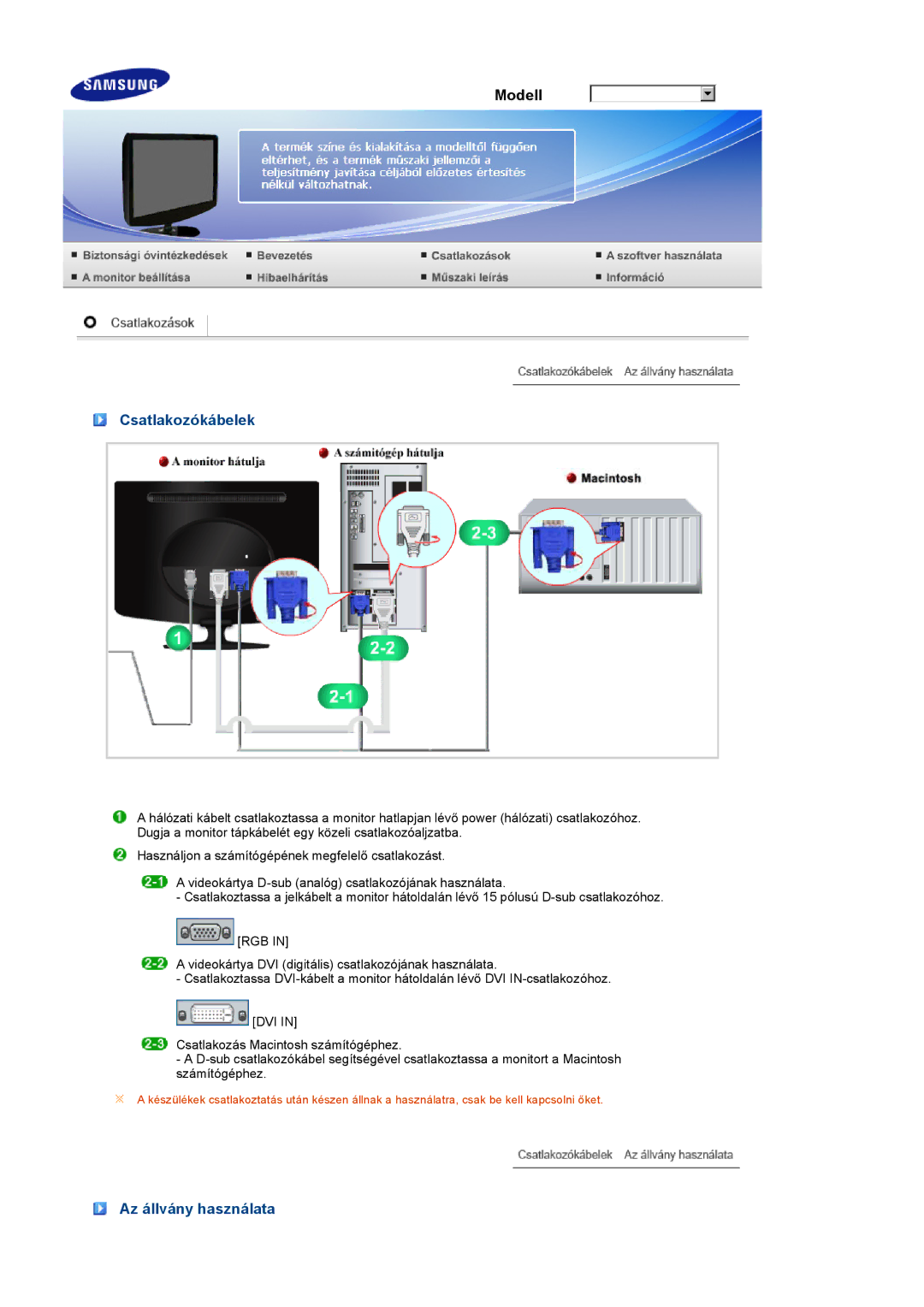 Samsung LS19PEJSFV/EDC manual Csatlakozókábelek, Az állvány használata 