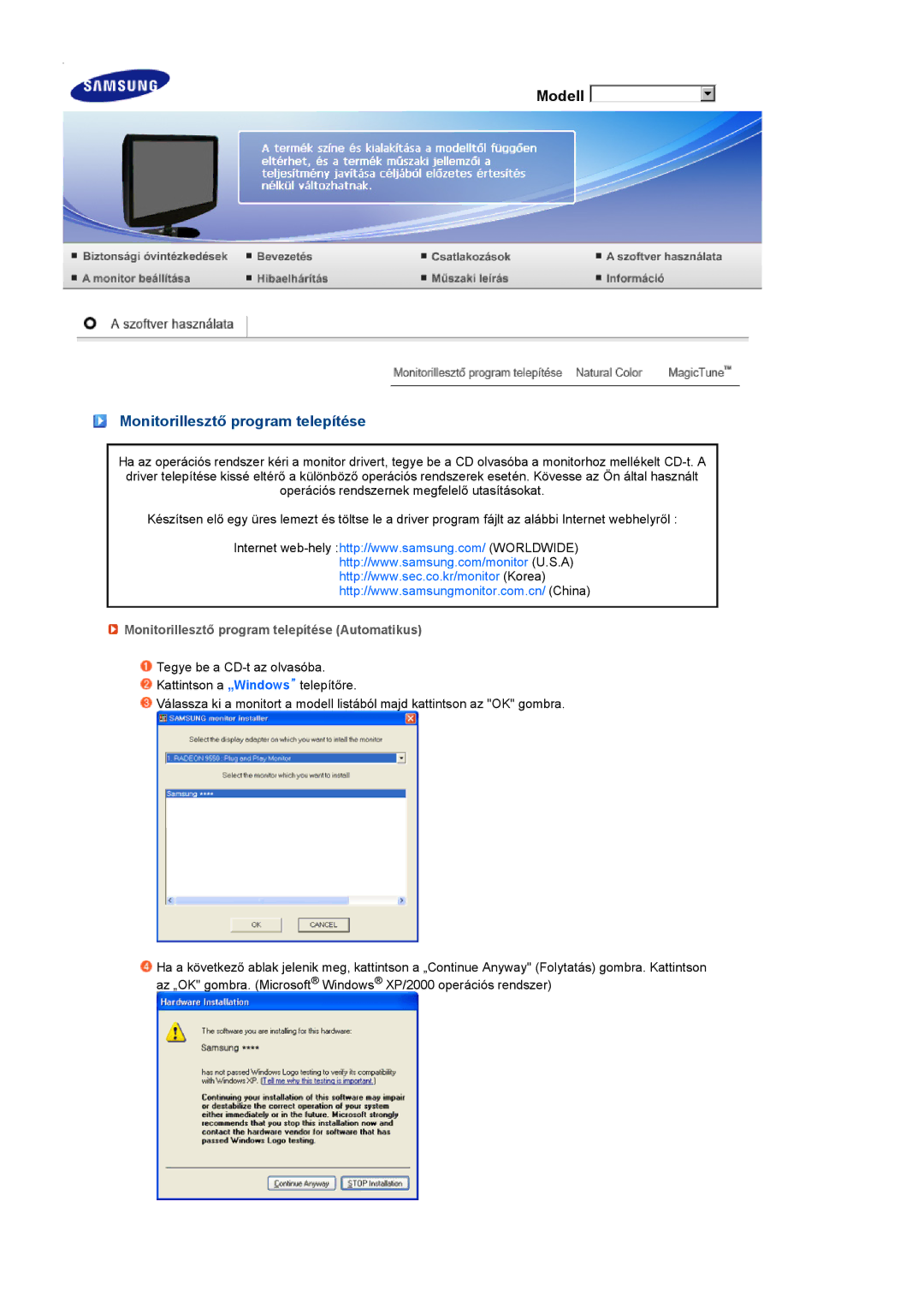 Samsung LS19PEJSFV/EDC manual Monitorillesztő program telepítése Automatikus 