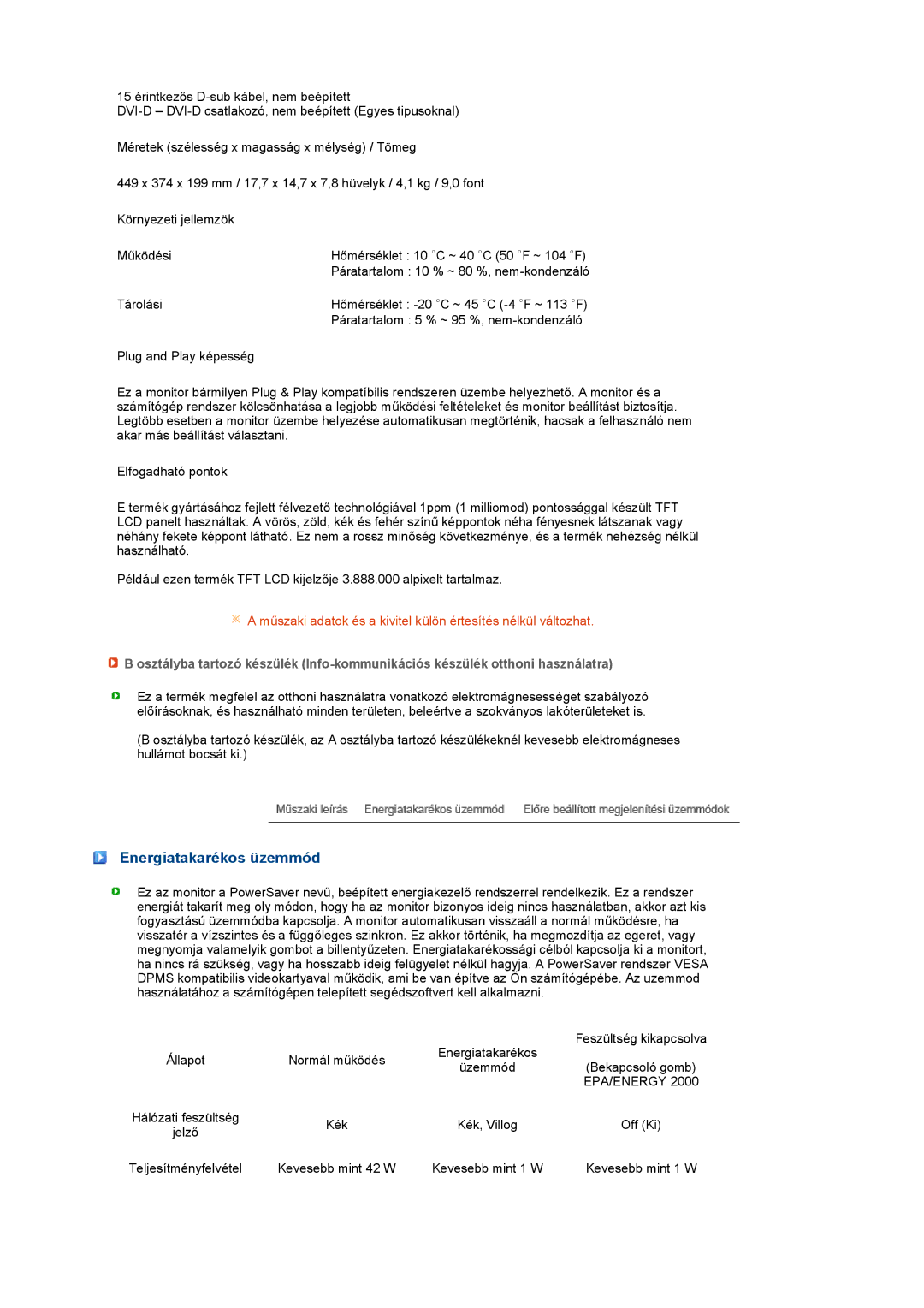 Samsung LS19PEJSFV/EDC manual Energiatakarékos üzemmód, Epa/Energy 