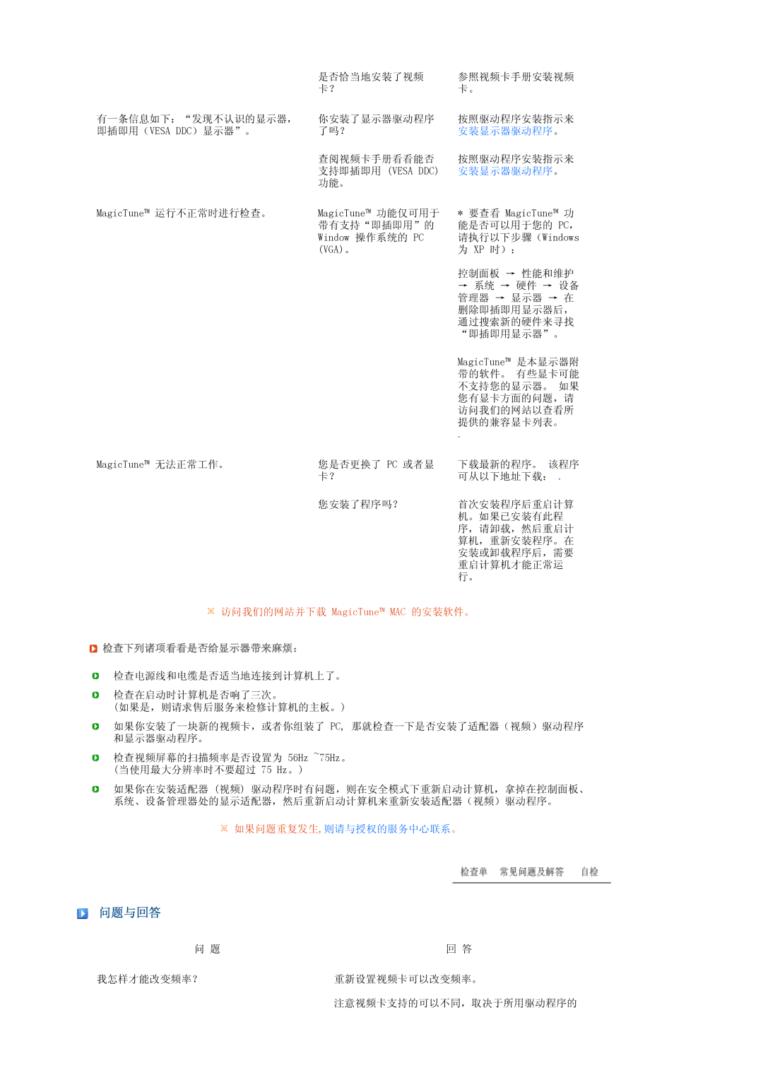 Samsung LS19PEJSFV/EDC manual 问题与回答, 检查下列诸项看看是否给显示器带来麻烦： 