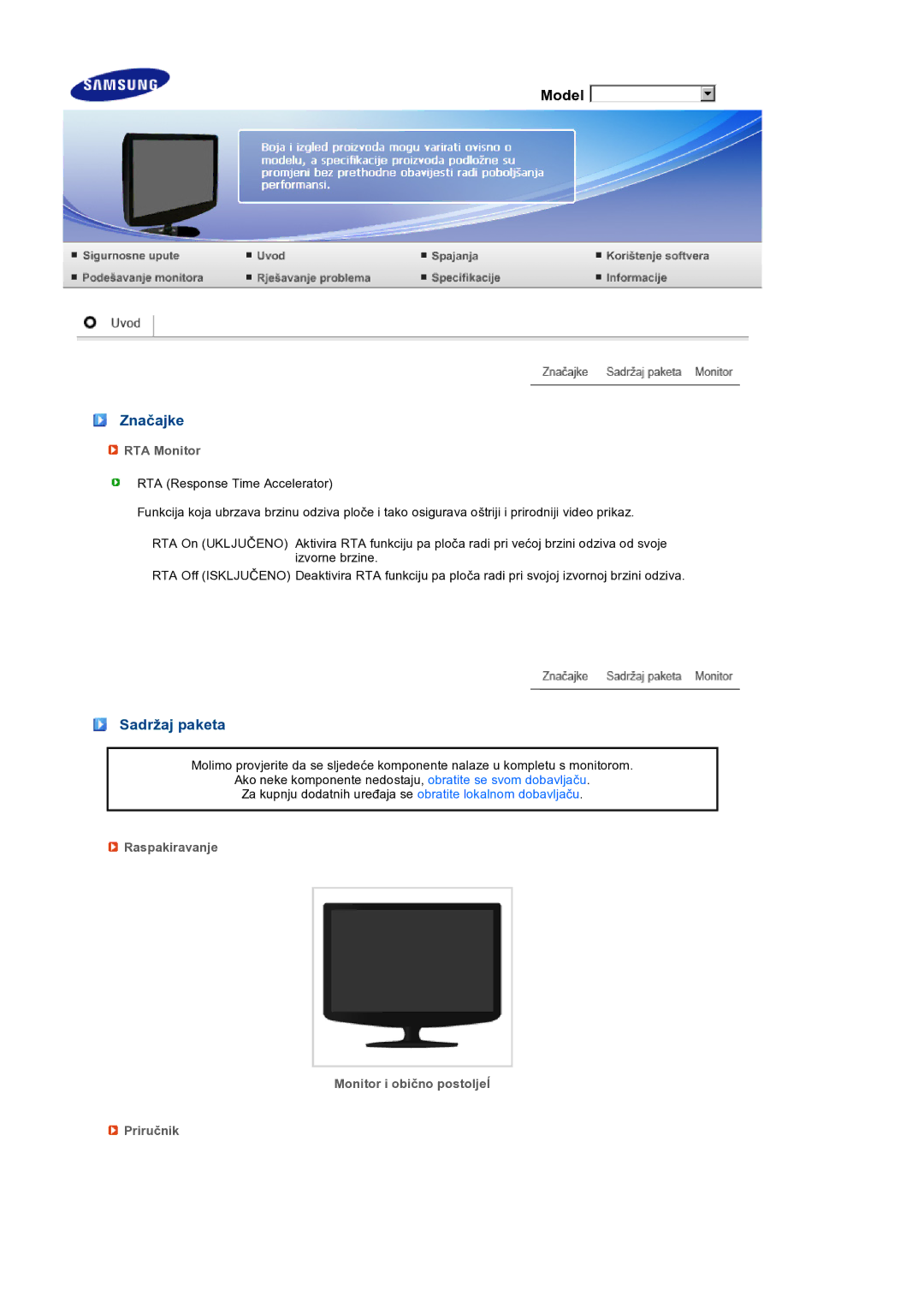 Samsung LS19PEJSFV/EDC manual Značajke, Sadržaj paketa, RTA Monitor, Raspakiravanje Monitor i obično postoljeĺ Priručnik 