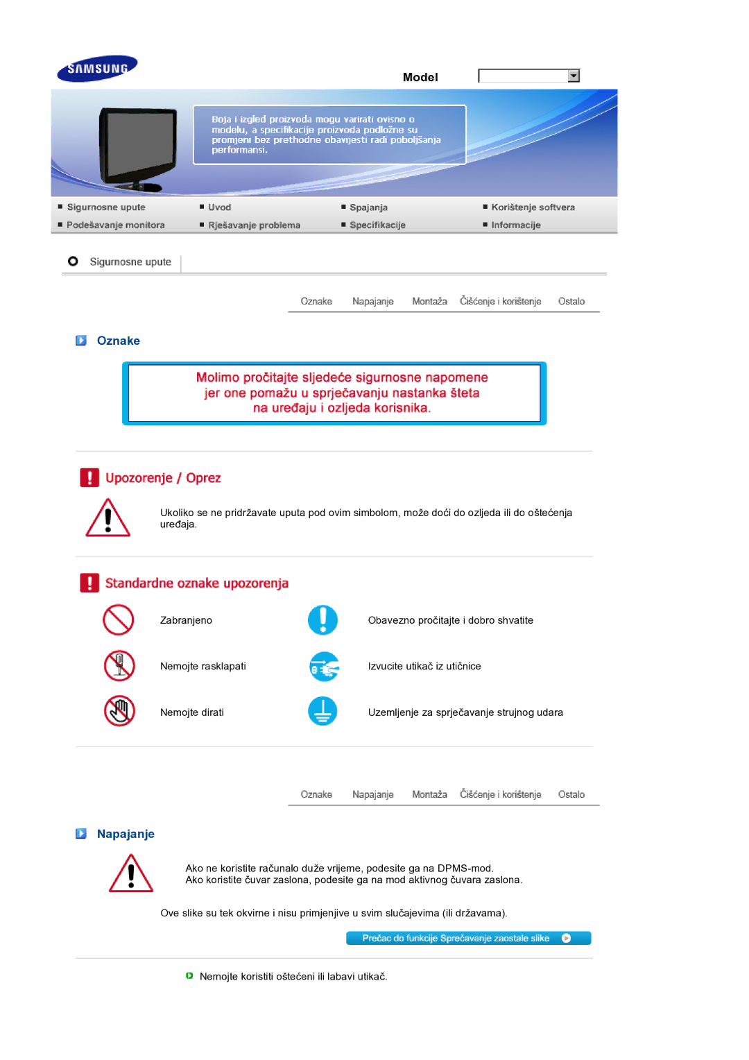 Samsung LS19PEJSFV/EDC manual Oznake, Napajanje 