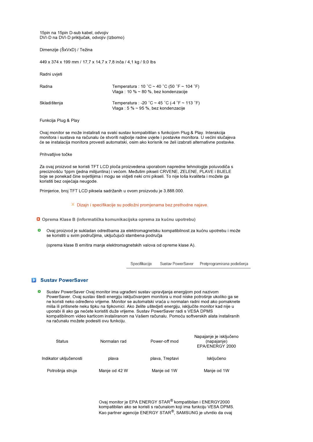 Samsung LS19PEJSFV/EDC manual Sustav PowerSaver, Epa/Energy 