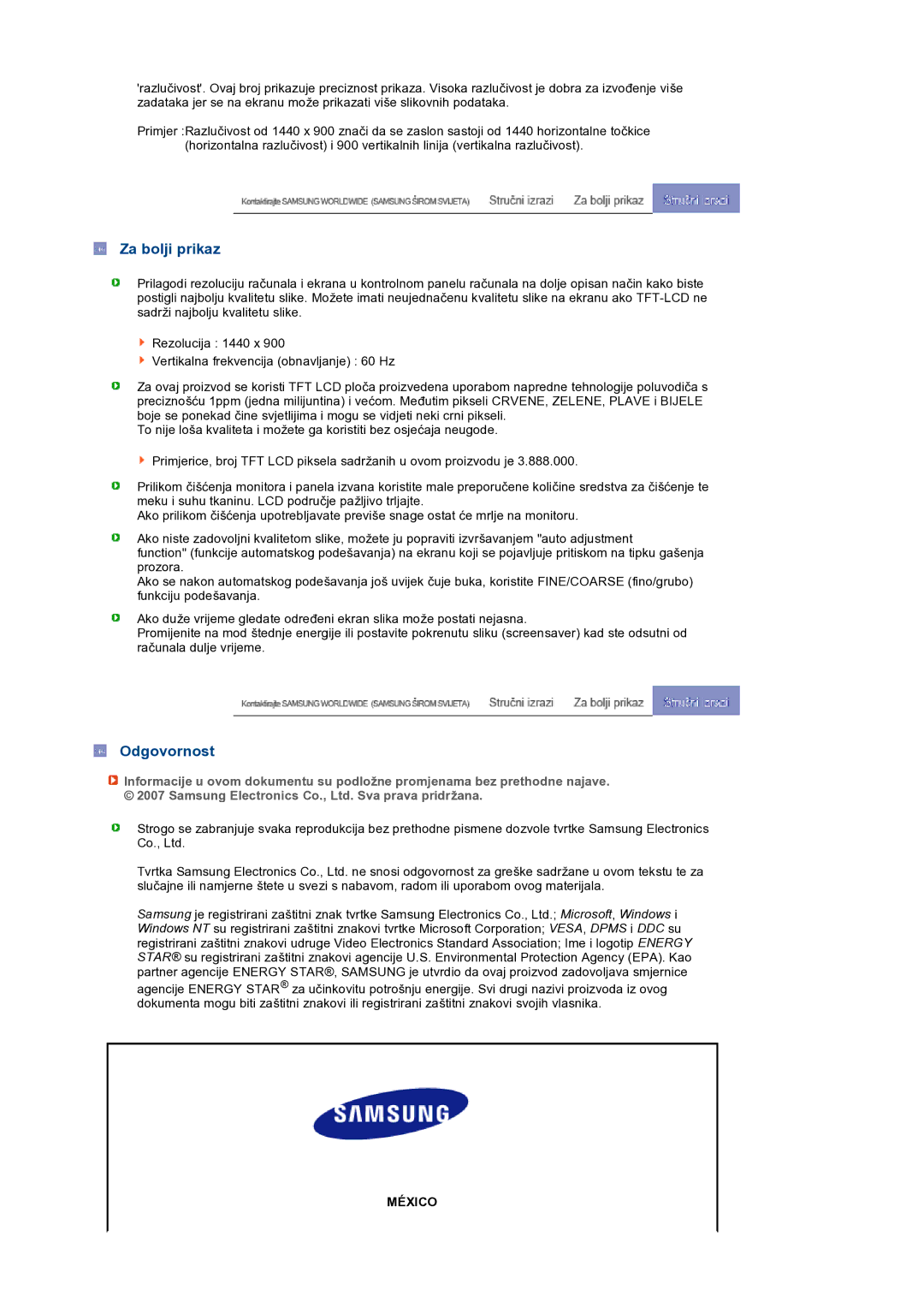 Samsung LS19PEJSFV/EDC manual Za bolji prikaz, Odgovornost 