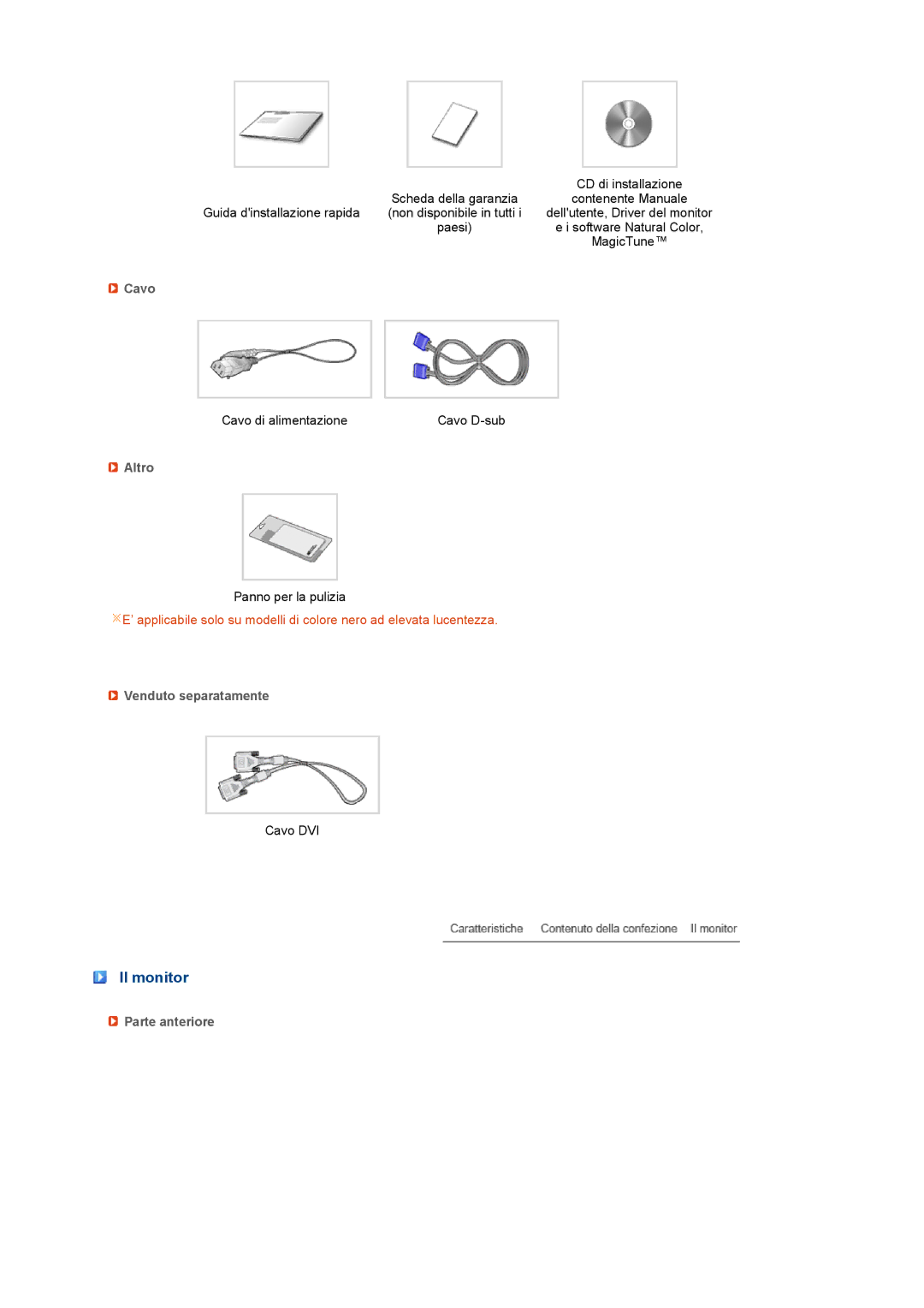 Samsung LS19PEWSFV/CLT manual Il monitor, Cavo, Altro, Venduto separatamente, Parte anteriore 