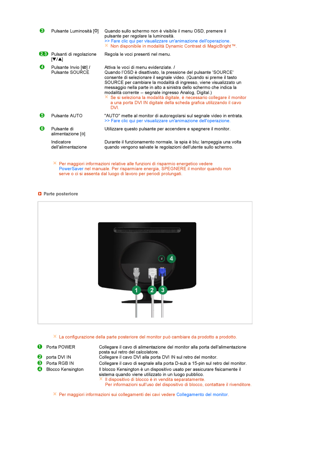 Samsung LS19PEWSFV/CLT manual Non disponibile in modalità Dynamic Contrast di MagicBright, Parte posteriore 