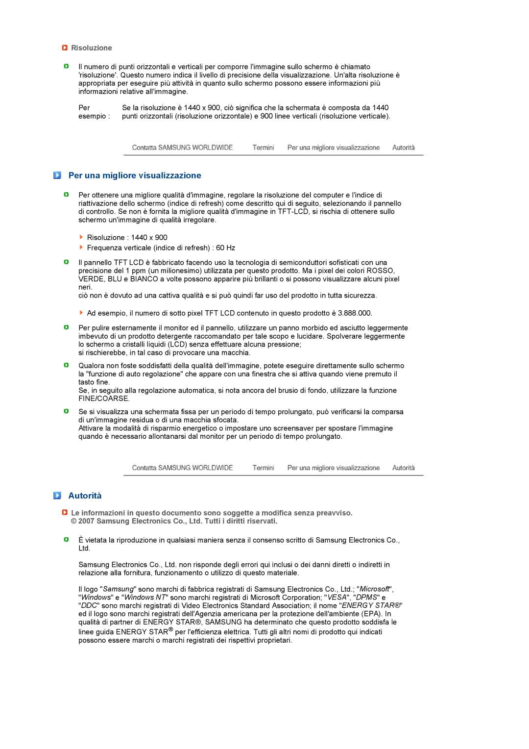 Samsung LS19PEWSFV/CLT manual Per una migliore visualizzazione, Autorità, Risoluzione 