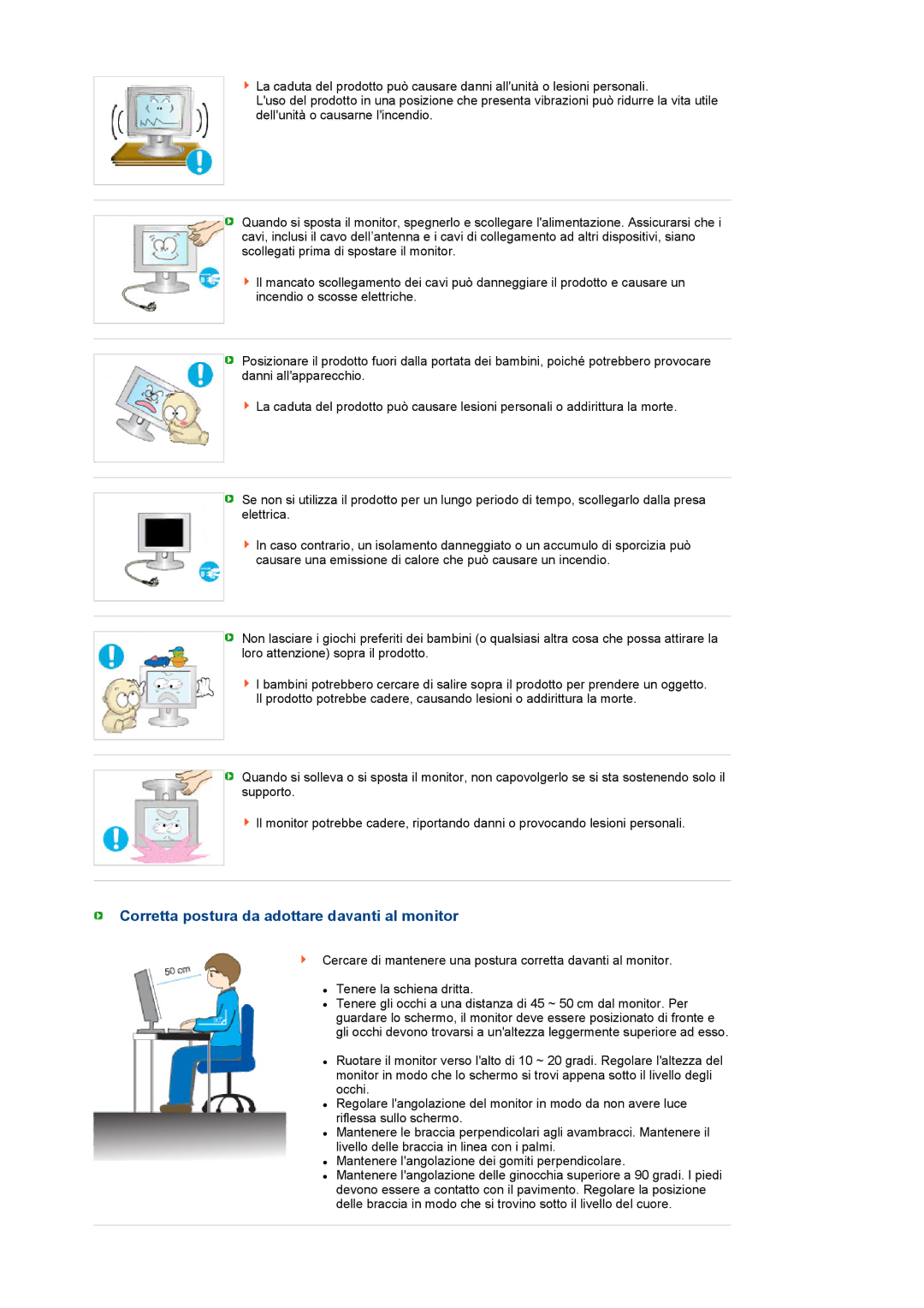 Samsung LS19PEWSFV/CLT manual Corretta postura da adottare davanti al monitor 