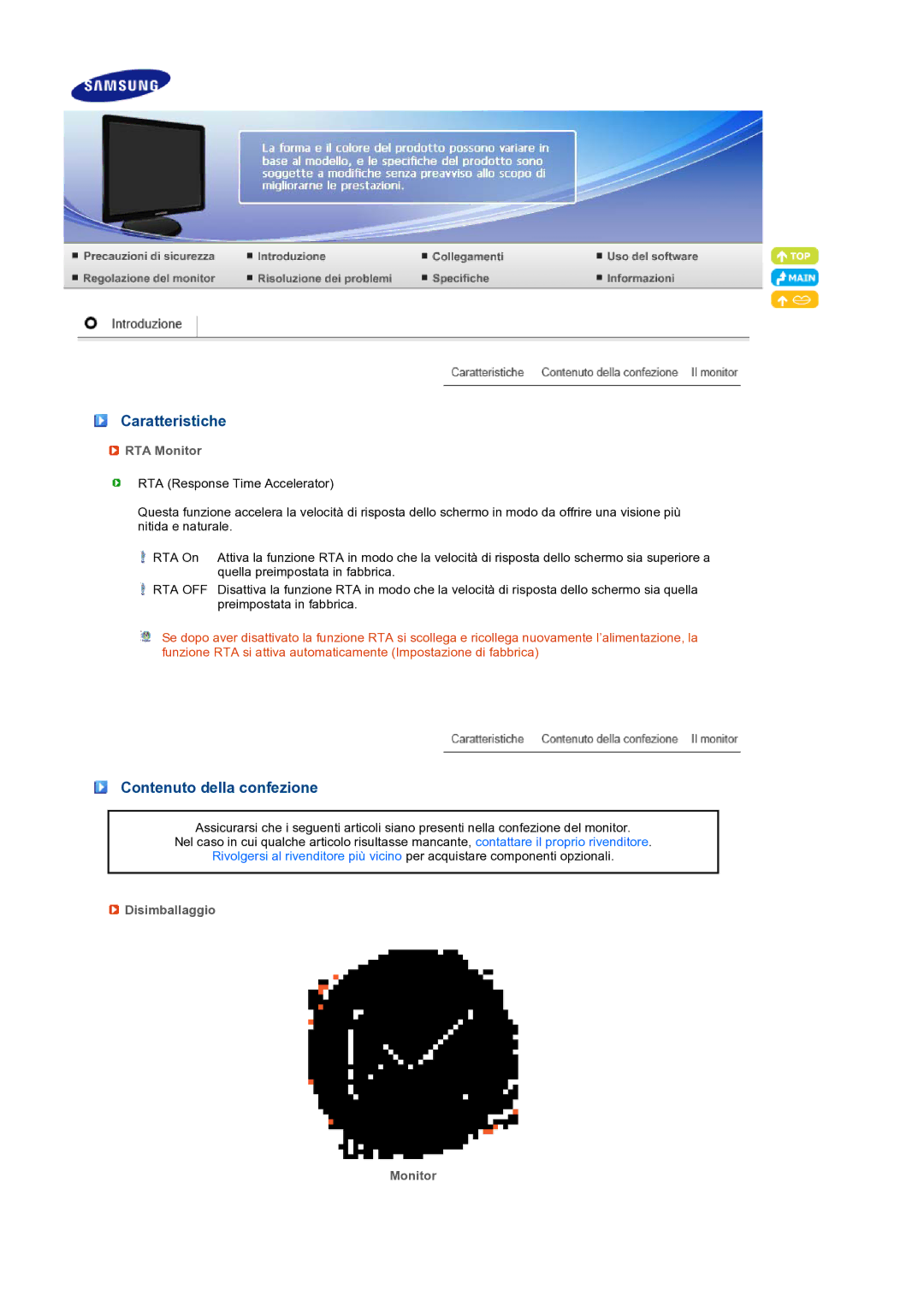 Samsung LS19PFDQDQ/EDC manual Caratteristiche, Contenuto della confezione, RTA Monitor, Disimballaggio Monitor 