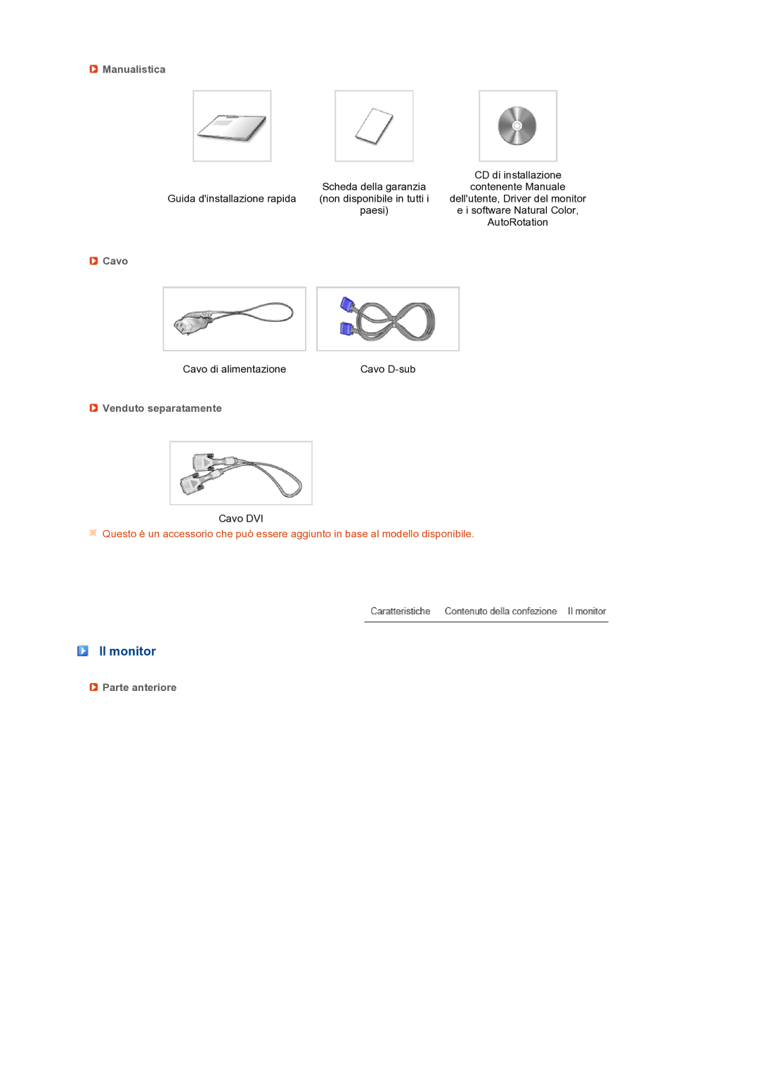 Samsung LS19PFDQDQ/EDC manual Il monitor, Manualistica, Cavo, Venduto separatamente, Parte anteriore 