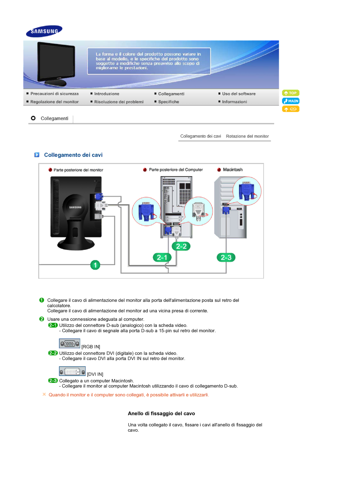 Samsung LS19PFDQDQ/EDC manual Collegamento dei cavi 