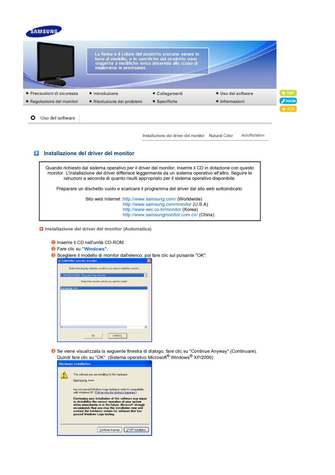 Samsung LS19PFDQDQ/EDC manual Installazione del driver del monitor Automatica 