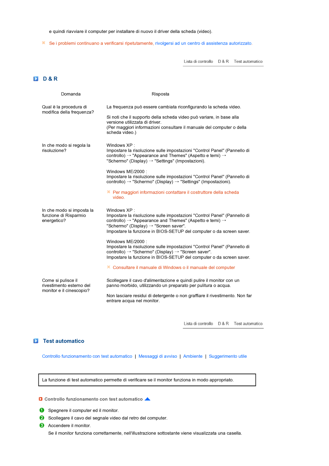 Samsung LS19PFDQDQ/EDC manual Test automatico, Controllo funzionamento con test automatico 