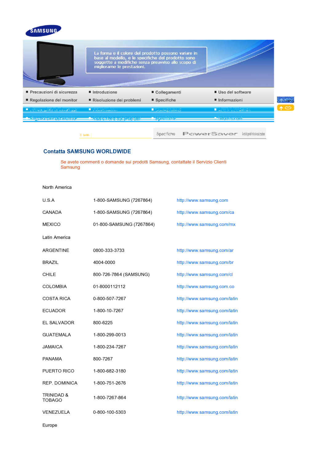 Samsung LS19PFDQDQ/EDC manual Contatta Samsung Worldwide 