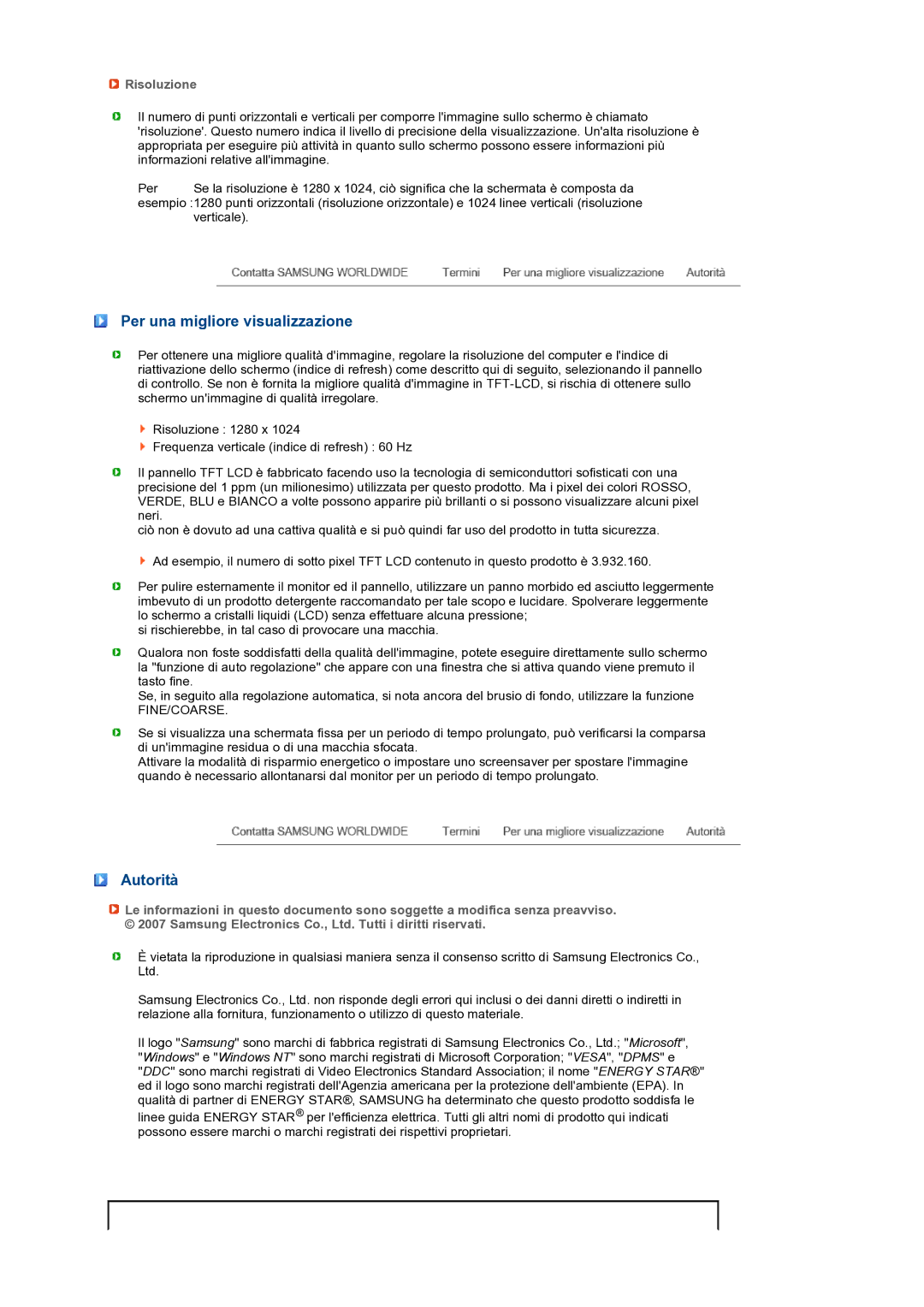 Samsung LS19PFDQDQ/EDC manual Per una migliore visualizzazione, Autorità, Risoluzione 