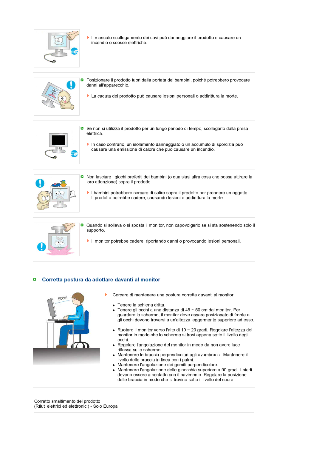 Samsung LS19PFDQDQ/EDC manual Corretta postura da adottare davanti al monitor 