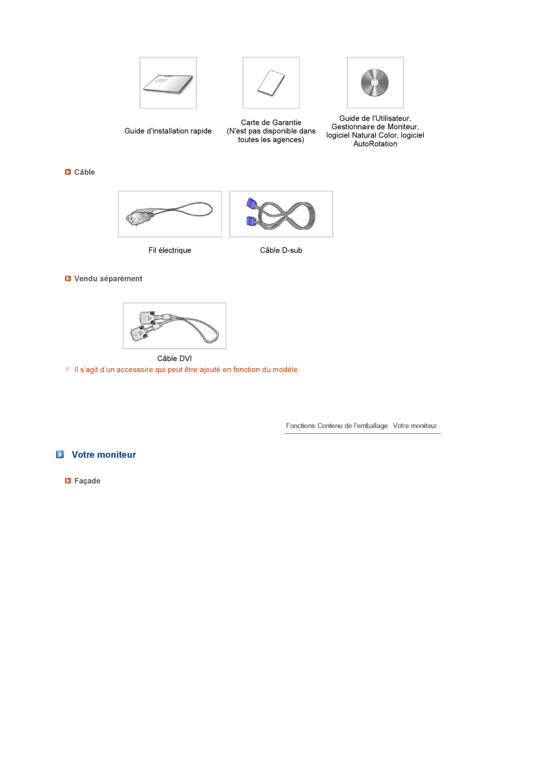 Samsung LS19PFDQFV/EDC manual Votre moniteur, Câble, Vendu séparément, Façade 