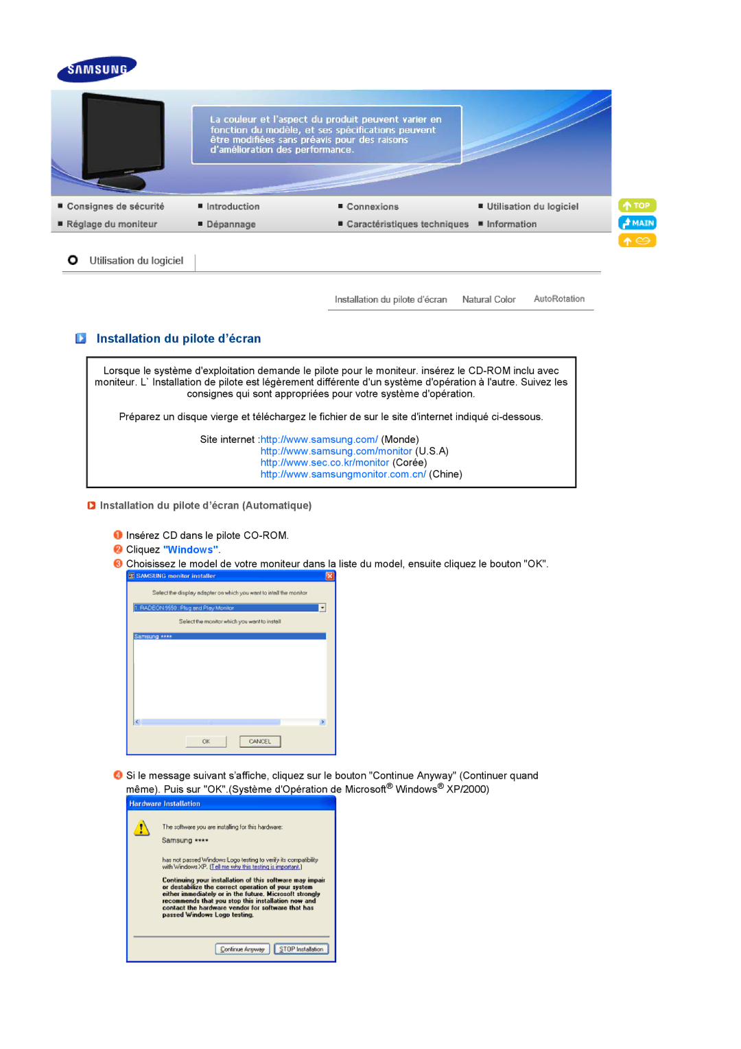 Samsung LS19PFDQFV/EDC manual Installation du pilote d’écran Automatique 