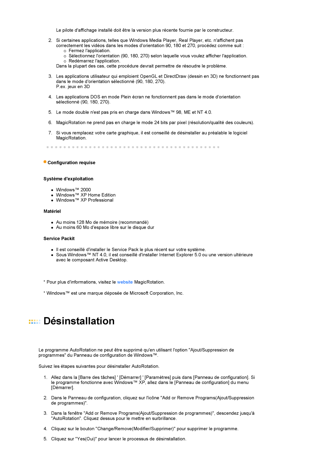 Samsung LS19PFDQFV/EDC manual Désinstallation 