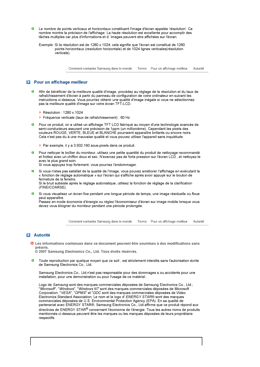 Samsung LS19PFDQFV/EDC manual Pour un affichage meilleur, Autorité 