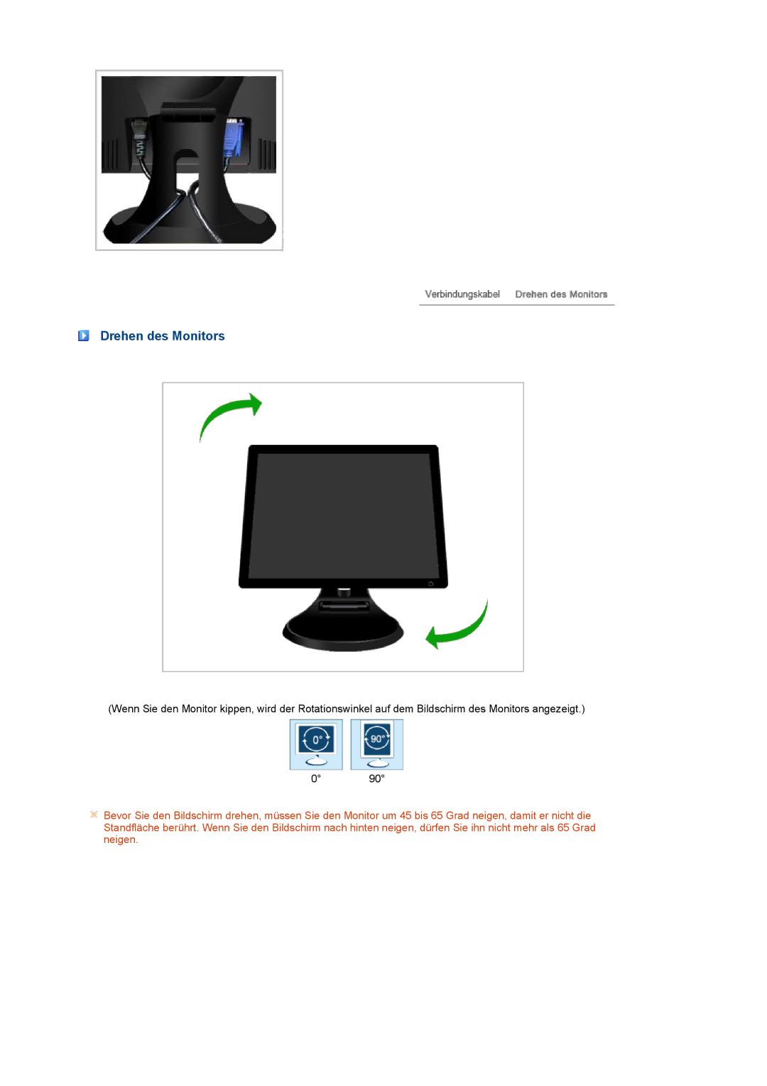 Samsung LS19PFDQFV/EDC, LS19PFDQSQ/EDC manual Drehen des Monitors 