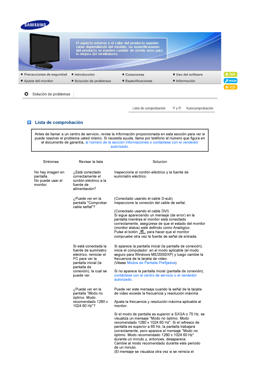 Samsung LS19PFDQFV/EDC, LS19PFDQSQ/EDC manual Lista de comprobación, Véase Modos de Pantalla Prefijados 