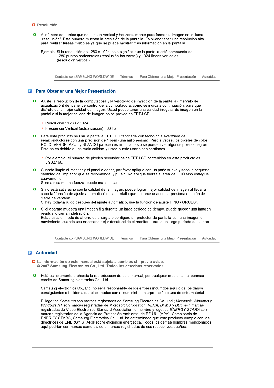 Samsung LS19PFDQFV/EDC, LS19PFDQSQ/EDC manual Para Obtener una Mejor Presentación, Autoridad, Resolución 