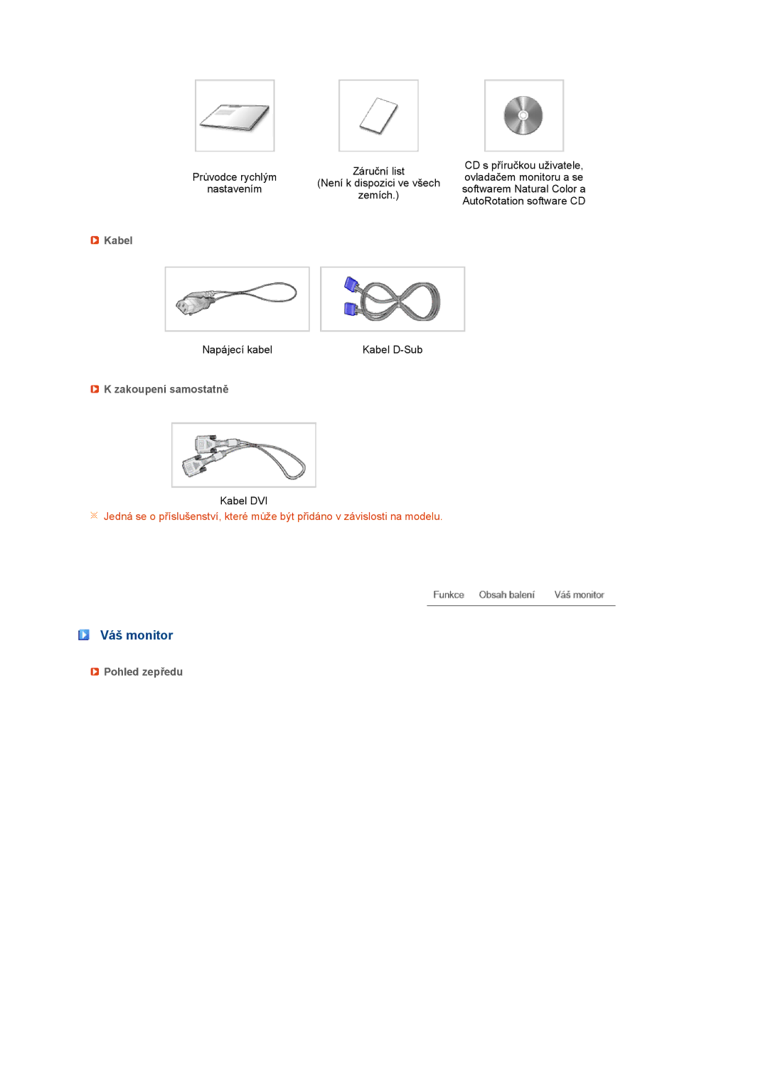 Samsung LS19PFDQSQ/EDC, LS19PFDQFV/EDC manual Váš monitor, Kabel, Zakoupení samostatně, Pohled zepředu 