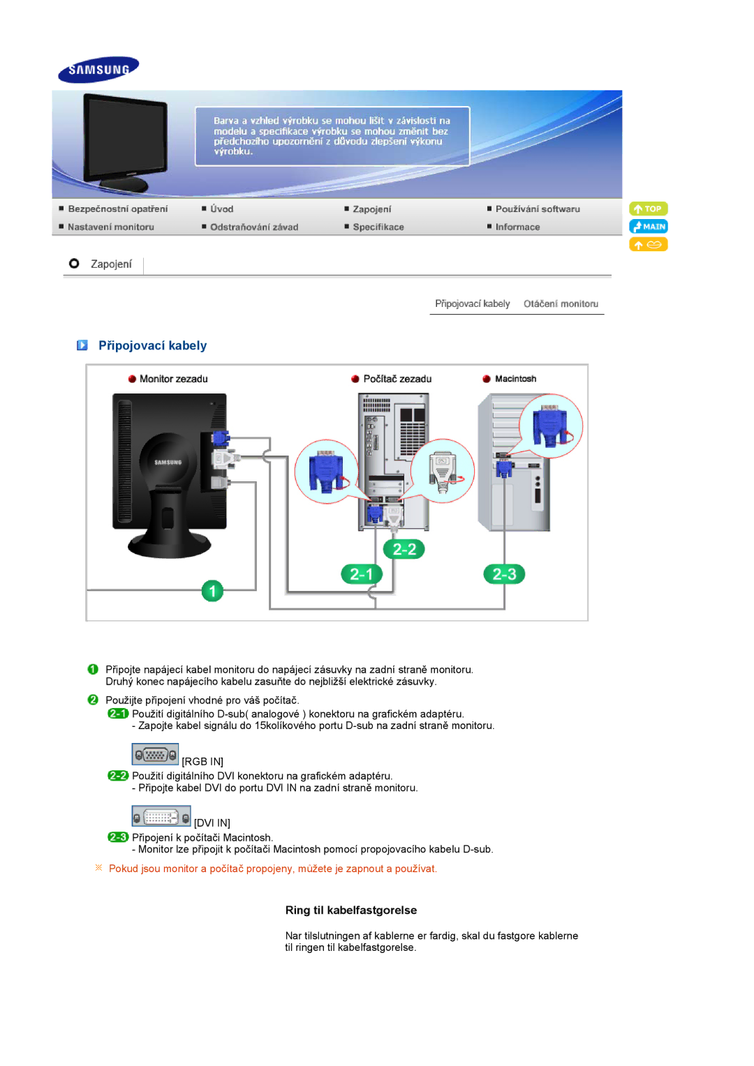 Samsung LS19PFDQFV/EDC, LS19PFDQSQ/EDC manual Připojovací kabely, Ring til kabelfastgorelse 