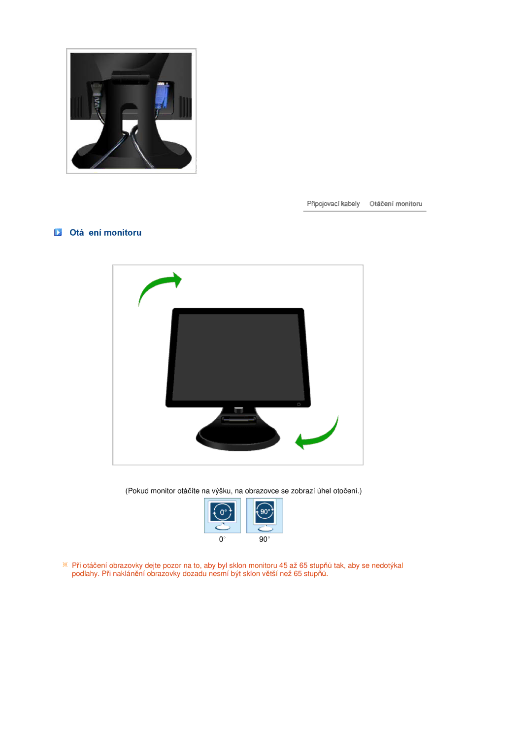 Samsung LS19PFDQSQ/EDC, LS19PFDQFV/EDC manual Otáčení monitoru 