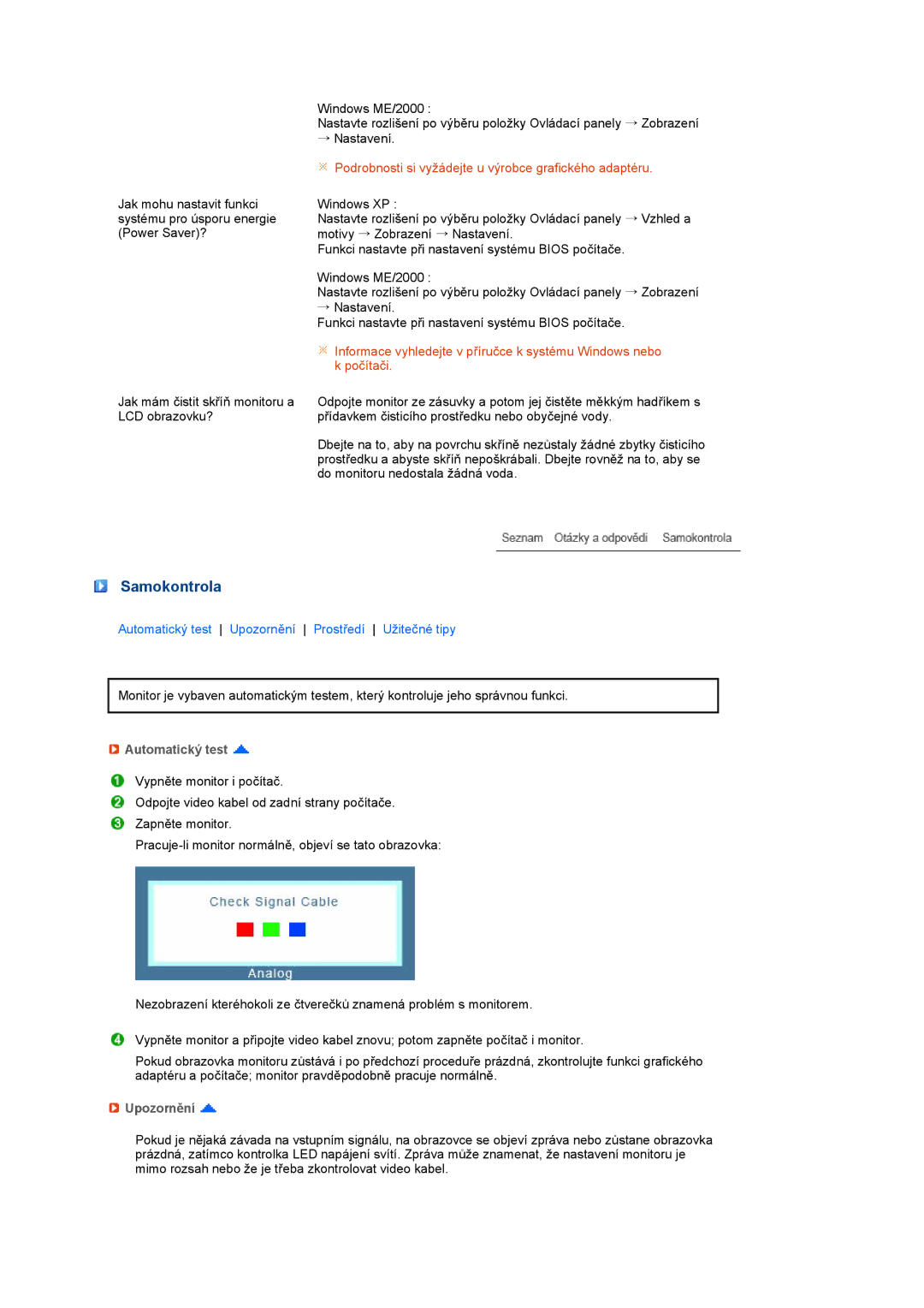 Samsung LS19PFDQSQ/EDC, LS19PFDQFV/EDC manual Samokontrola, Automatický test, Upozornění 