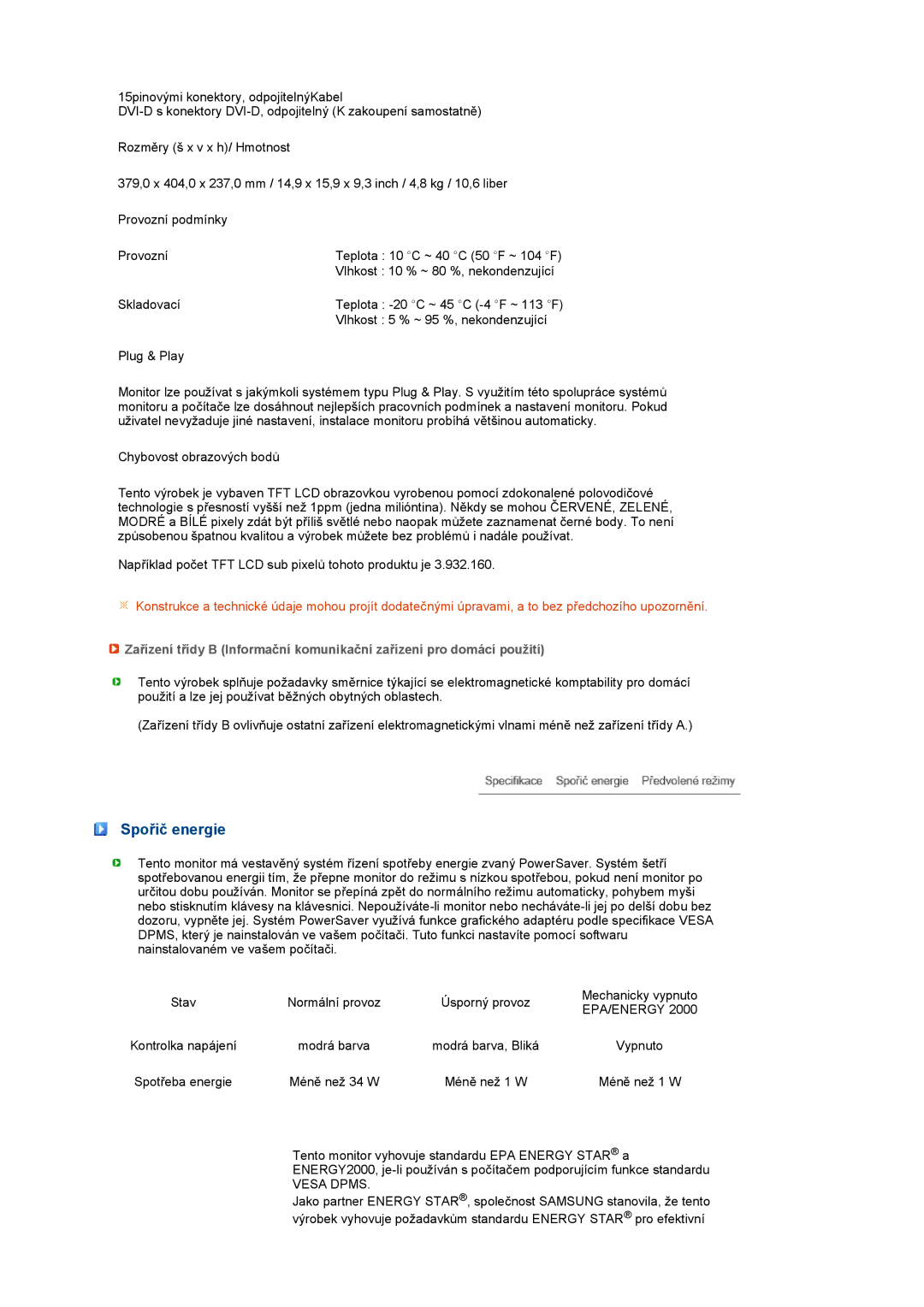 Samsung LS19PFDQFV/EDC, LS19PFDQSQ/EDC manual Spořič energie, Epa/Energy 