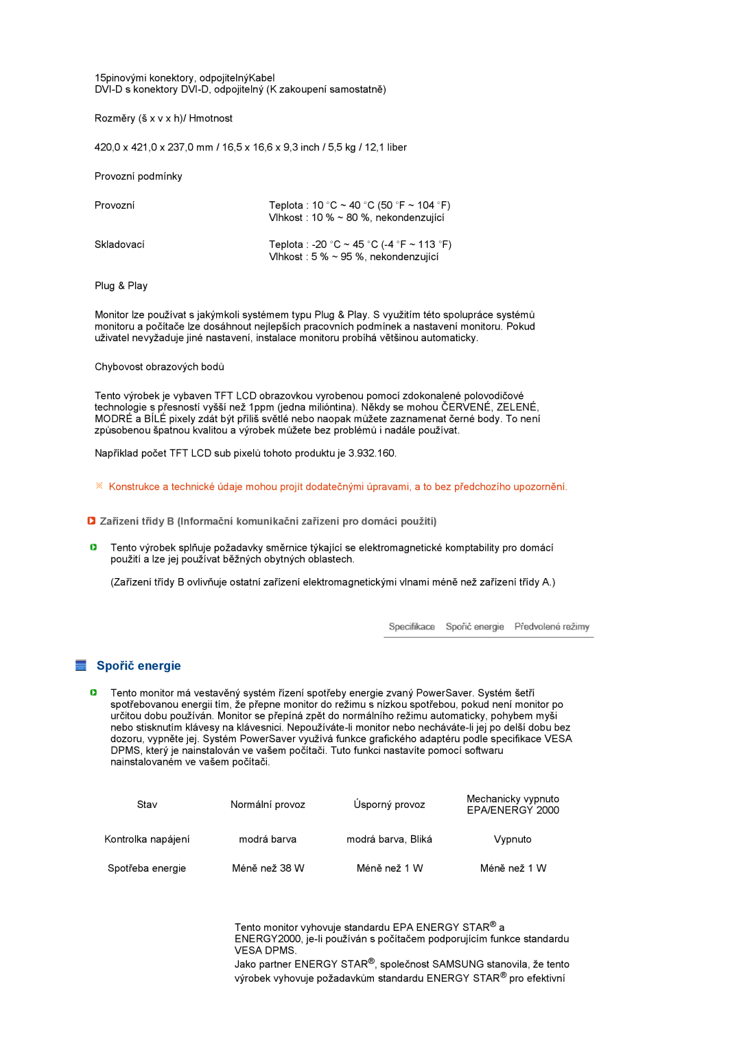 Samsung LS19PFDQFV/EDC, LS19PFDQSQ/EDC manual Spořič energie 