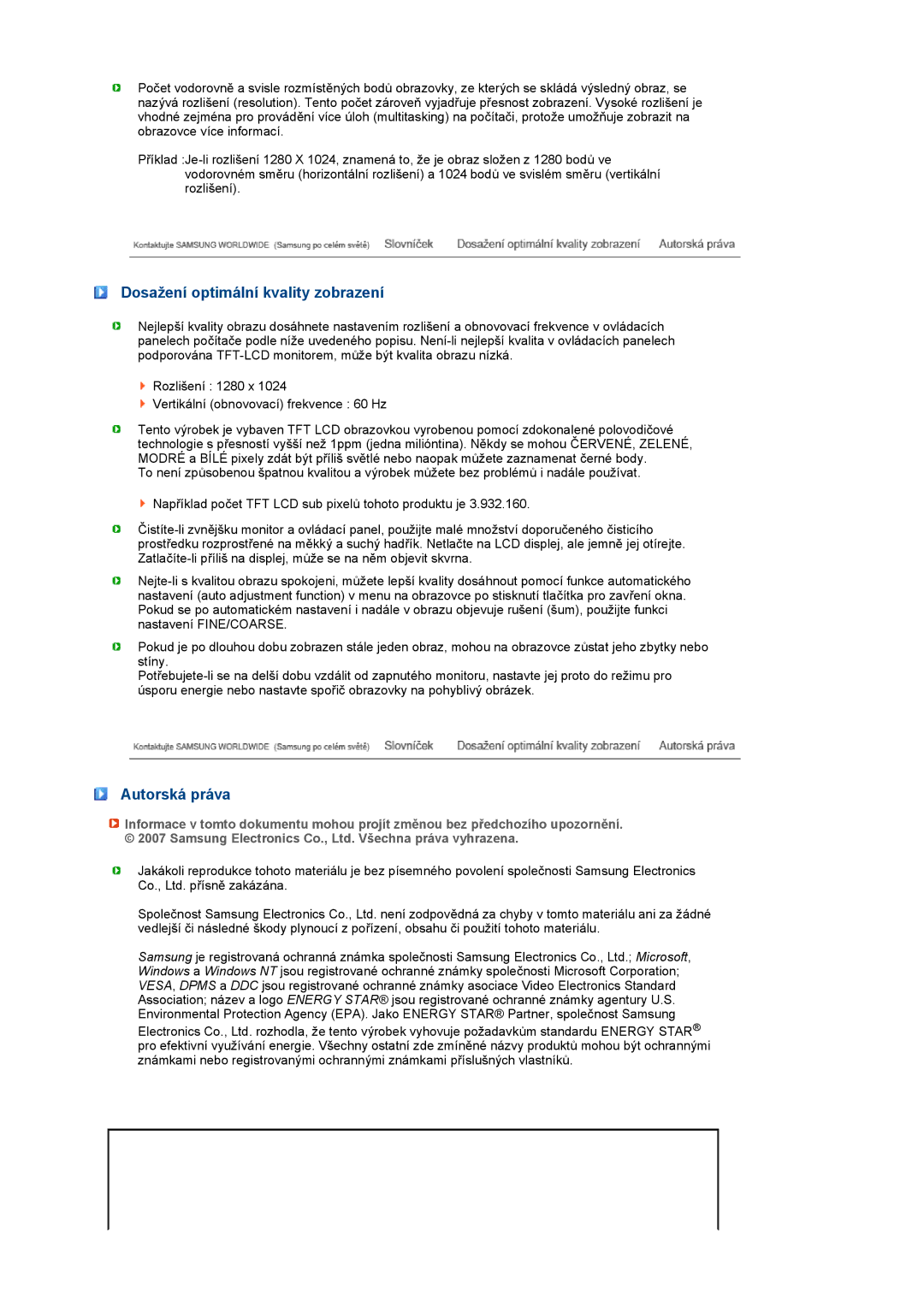 Samsung LS19PFDQFV/EDC, LS19PFDQSQ/EDC manual Dosažení optimální kvality zobrazení, Autorská práva 