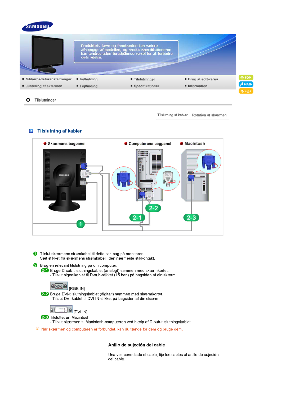 Samsung LS19PFDQSQ/EDC, LS19PFDQFV/EDC manual Tilslutning af kabler 