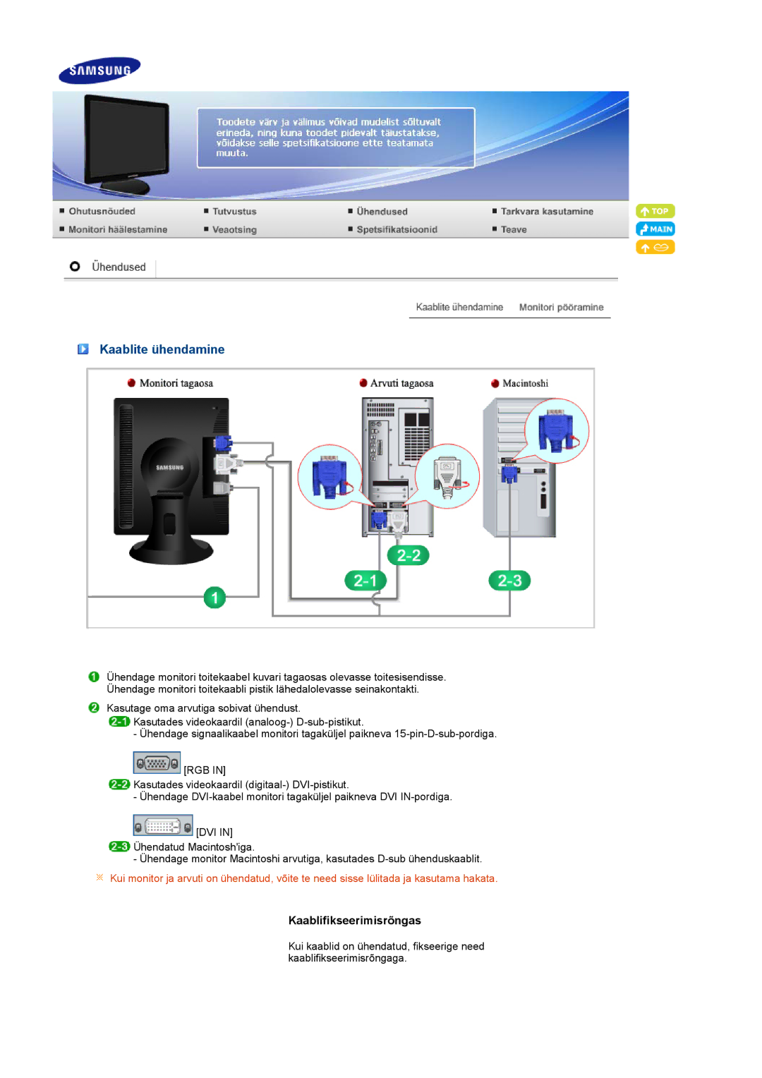 Samsung LS19PFDQSQ/EDC, LS19PFDQFV/EDC manual Kaablite ühendamine 