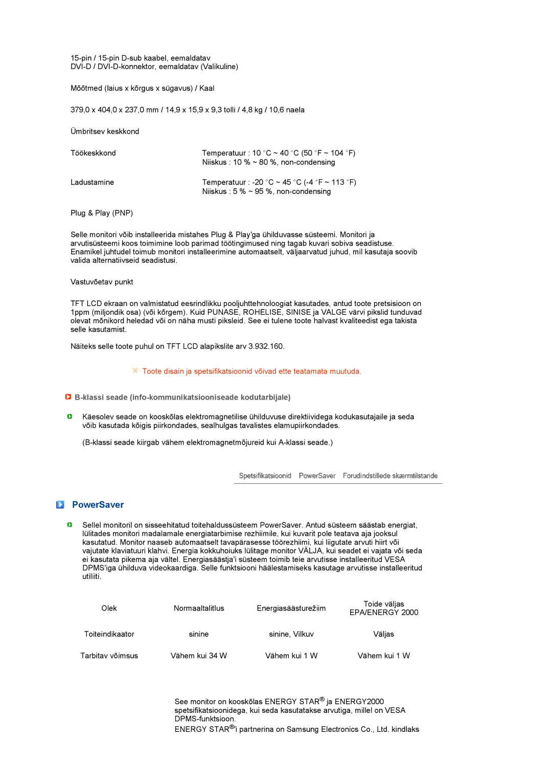 Samsung LS19PFDQFV/EDC, LS19PFDQSQ/EDC manual PowerSaver, Klassi seade info-kommunikatsiooniseade kodutarbijale 