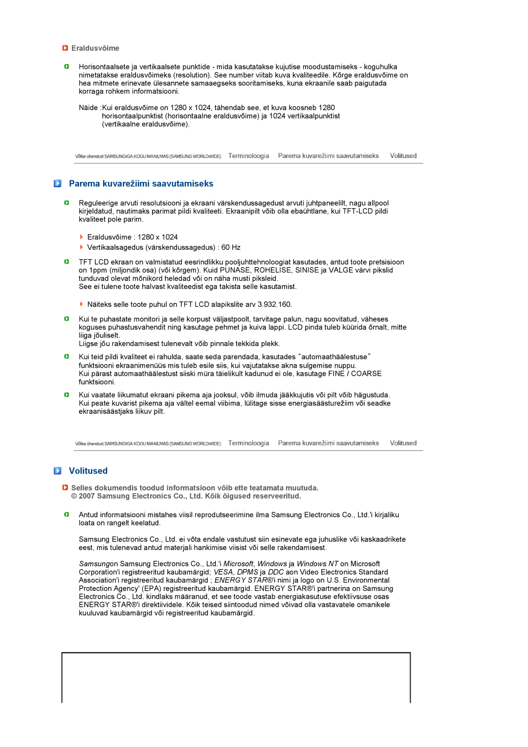 Samsung LS19PFDQFV/EDC, LS19PFDQSQ/EDC manual Parema kuvarežiimi saavutamiseks, Volitused, Eraldusvõime 