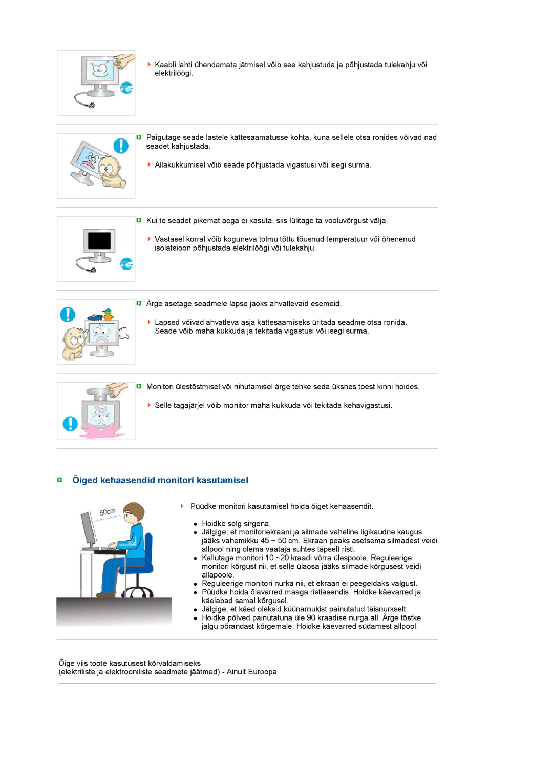 Samsung LS19PFDQFV/EDC, LS19PFDQSQ/EDC manual Õiged kehaasendid monitori kasutamisel 